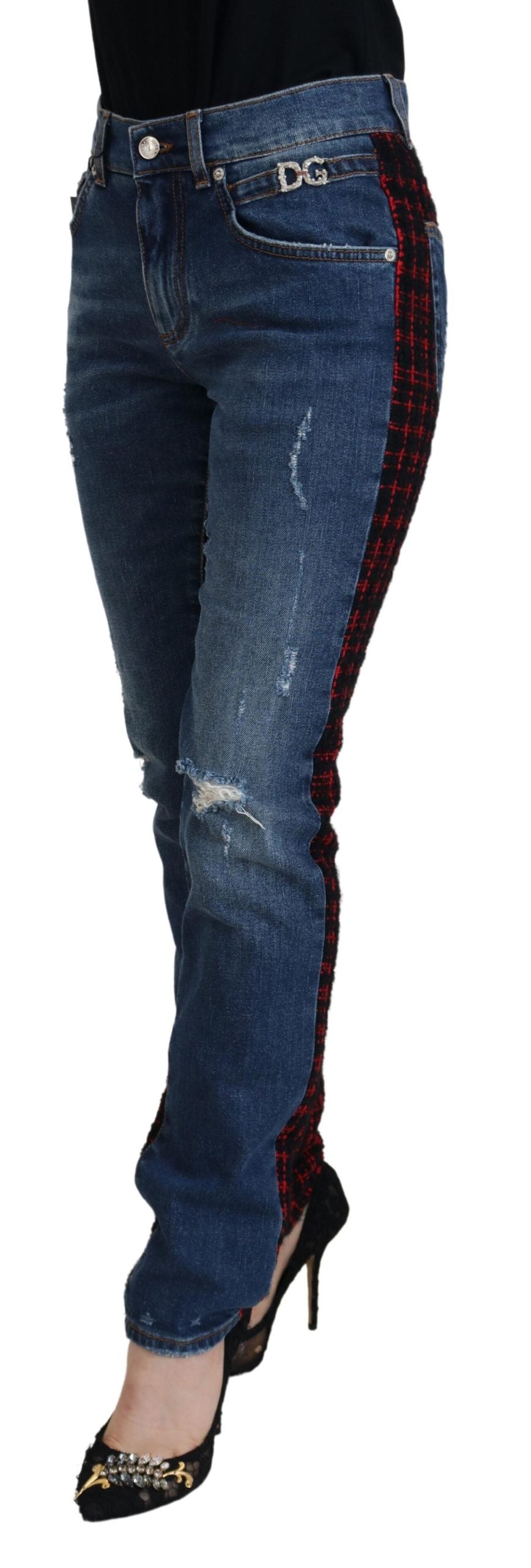 Blue Checkered Back Skinny Denim Jeans - ventzia