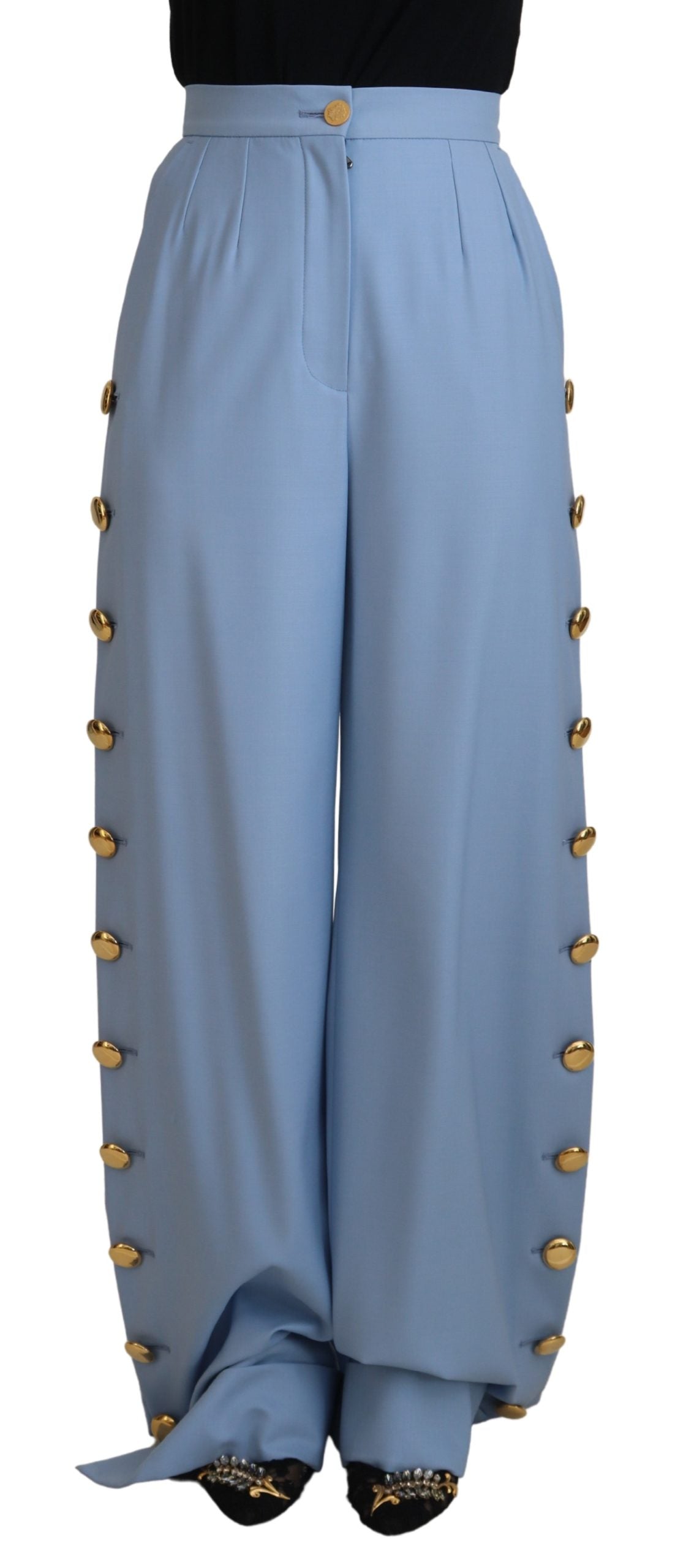 Light Blue Button Wide Leg Pants - ventzia