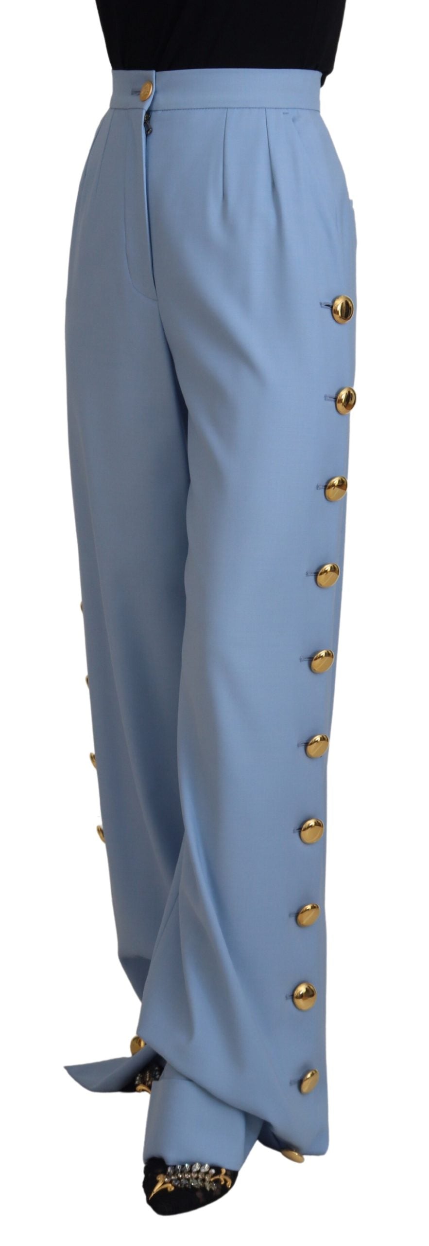 Light Blue Button Wide Leg Pants - ventzia