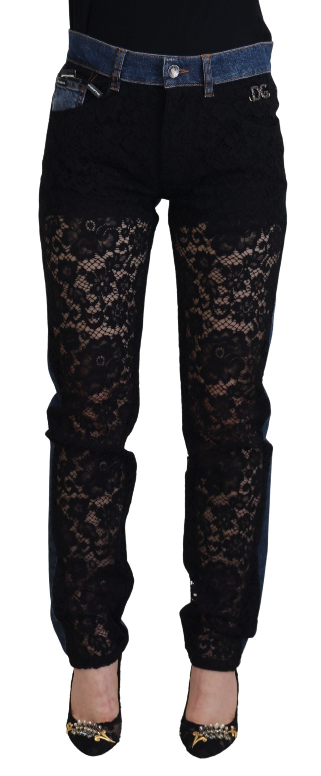 Black Floral Lace Front Skinny Denim Jeans - ventzia