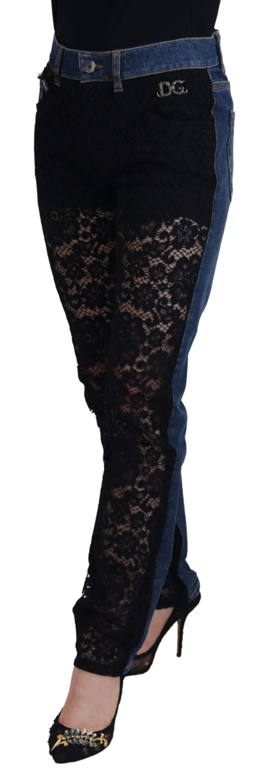 Black Floral Lace Front Skinny Denim Jeans - ventzia