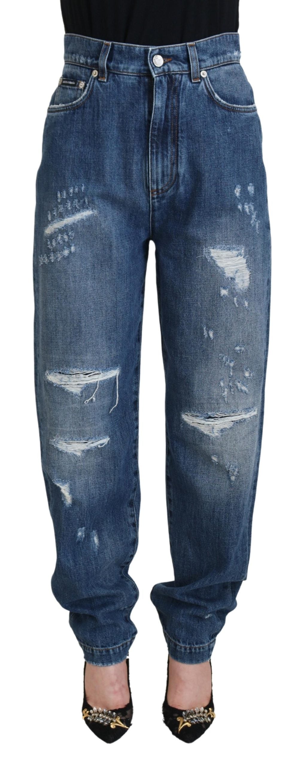 Blue Washed Cotton Tattered Denim Jeans - ventzia