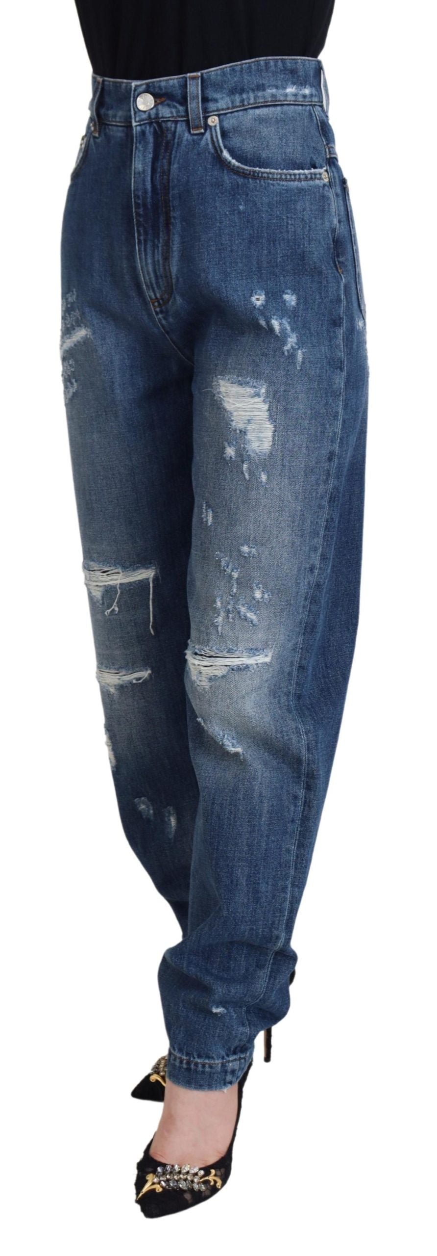 Blue Washed Cotton Tattered Denim Jeans - ventzia