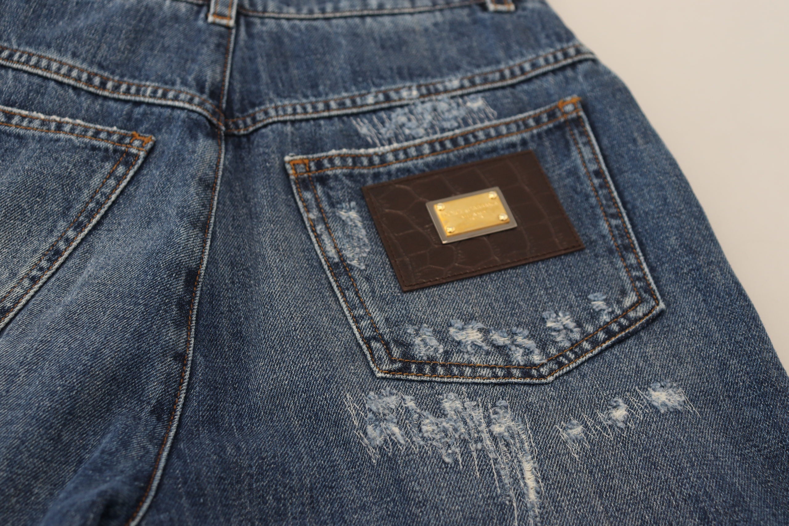 Blue Washed Cotton Tattered Denim Jeans - ventzia