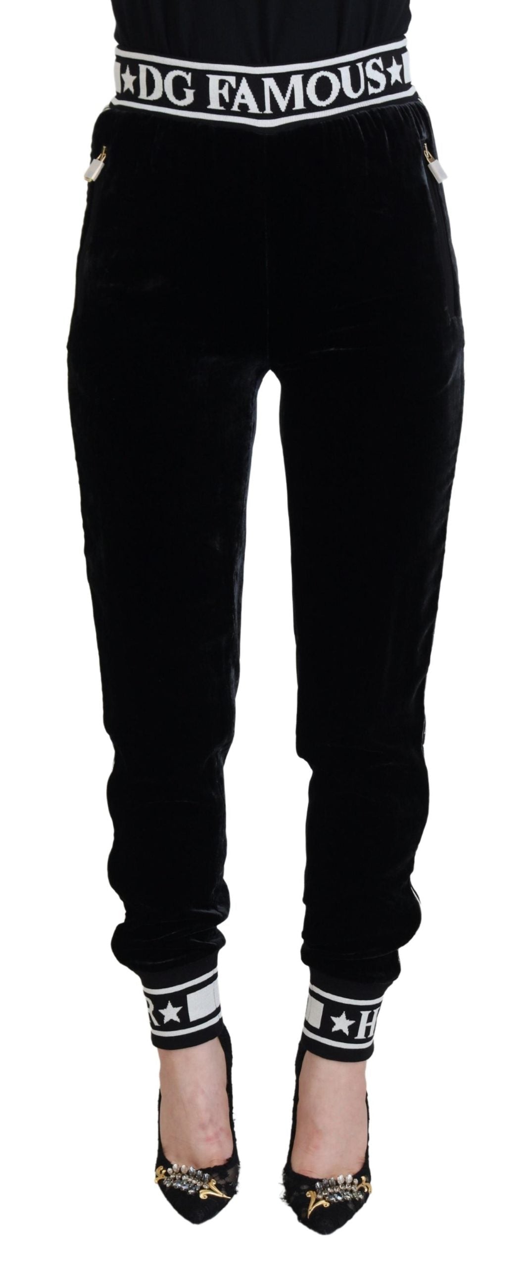 Black DG Logo Velvet Trouser Pants - ventzia