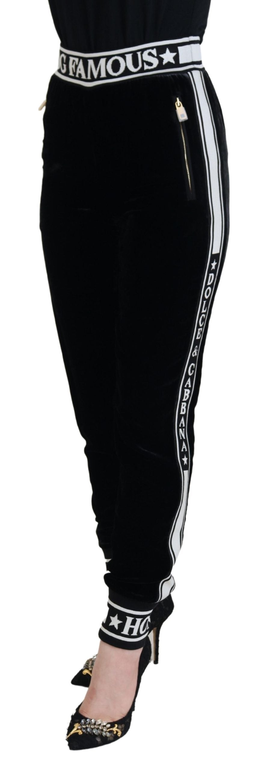 Black DG Logo Velvet Trouser Pants - ventzia