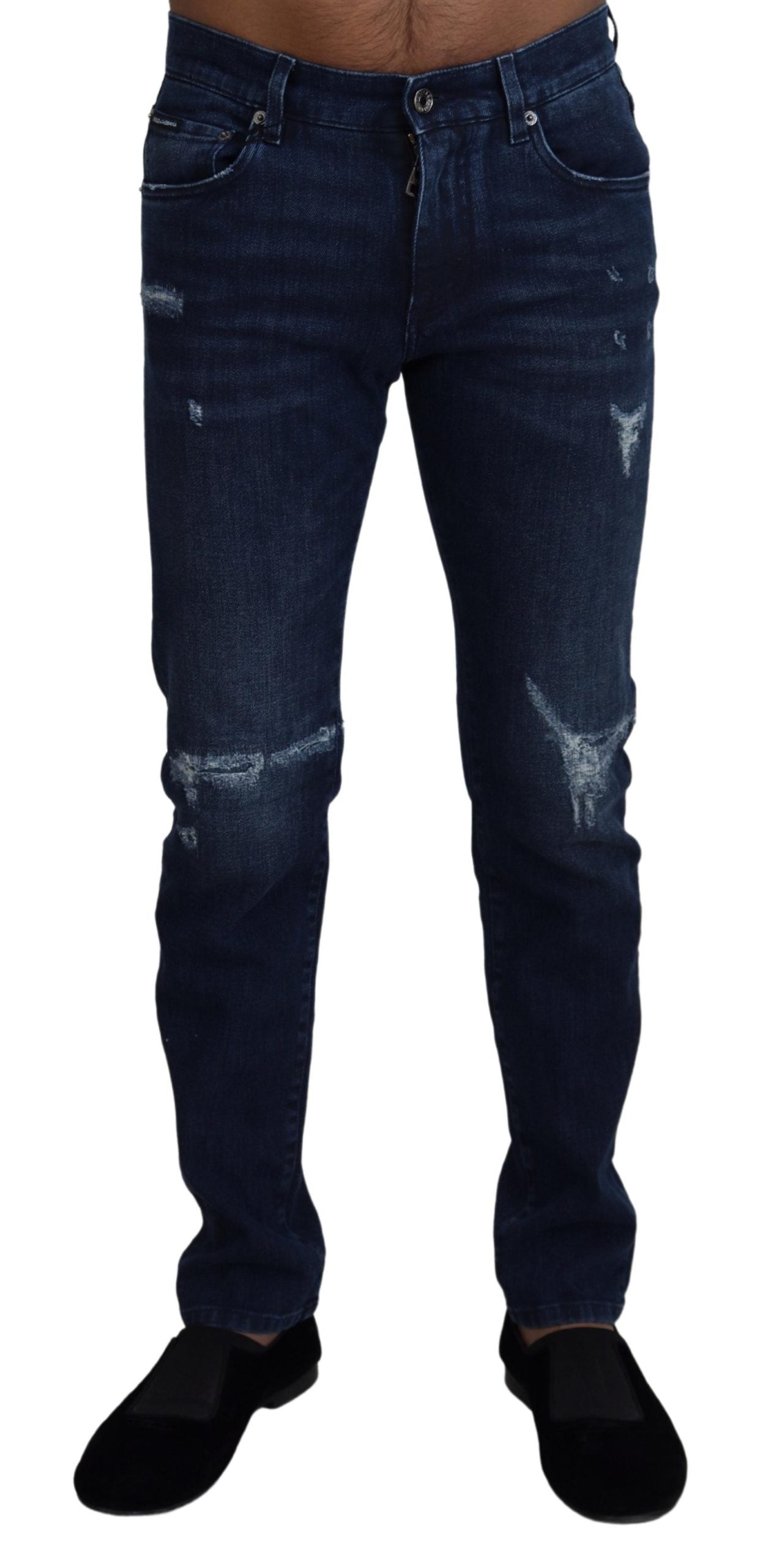 Blue Cotton Skinny Tattered Denim Jeans - ventzia
