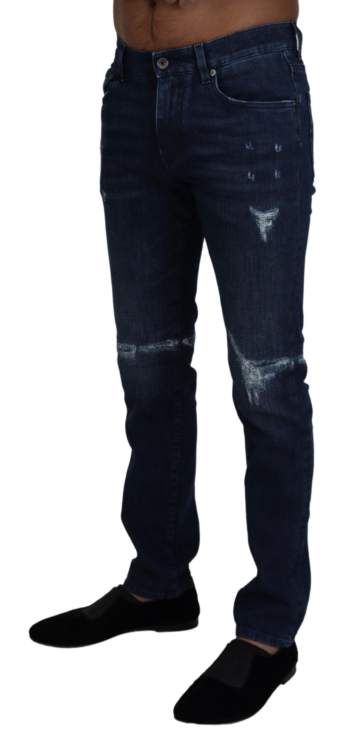 Blue Cotton Skinny Tattered Denim Jeans - ventzia