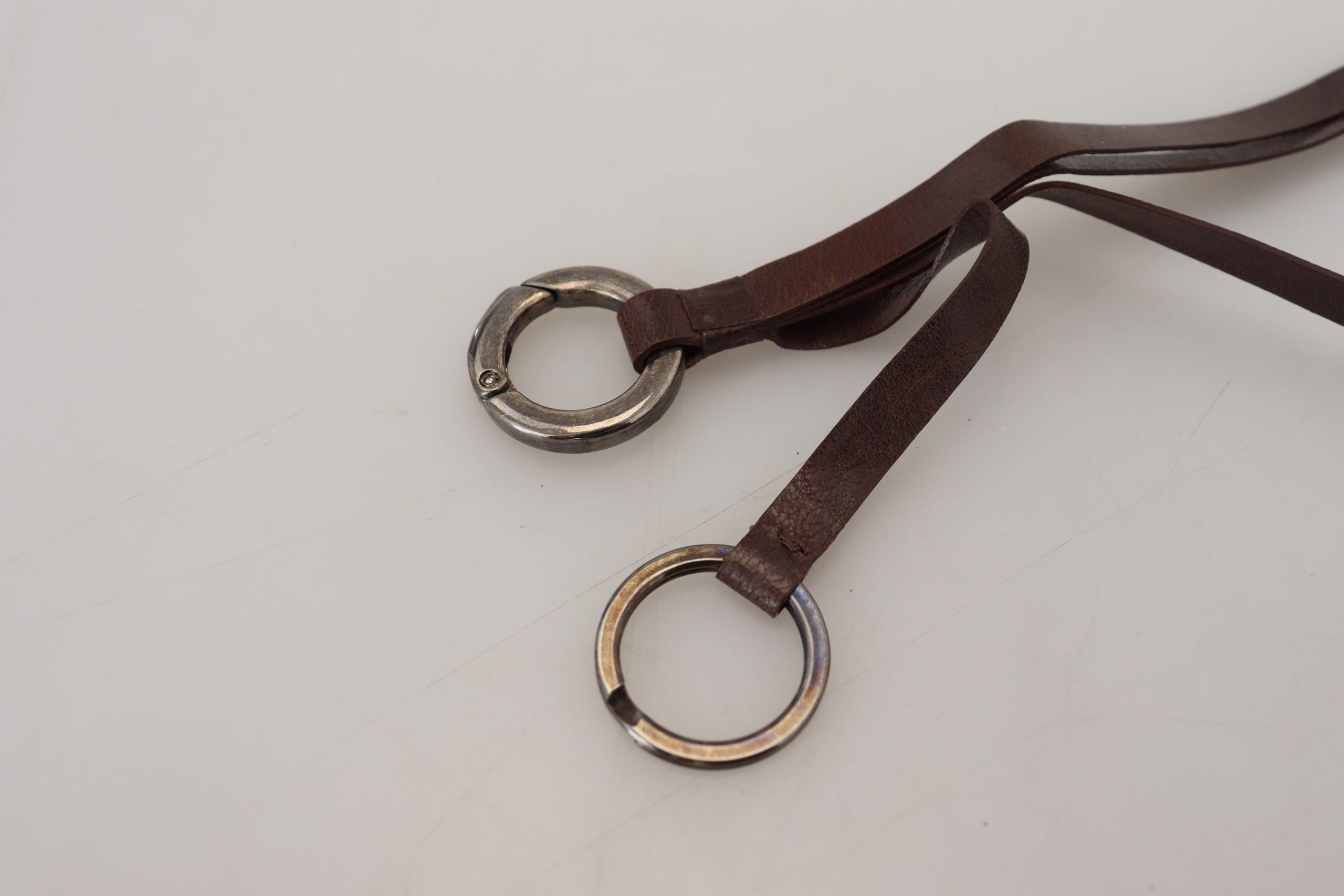 Brown Leather Silver Tone Metal Keyring Keychain - ventzia