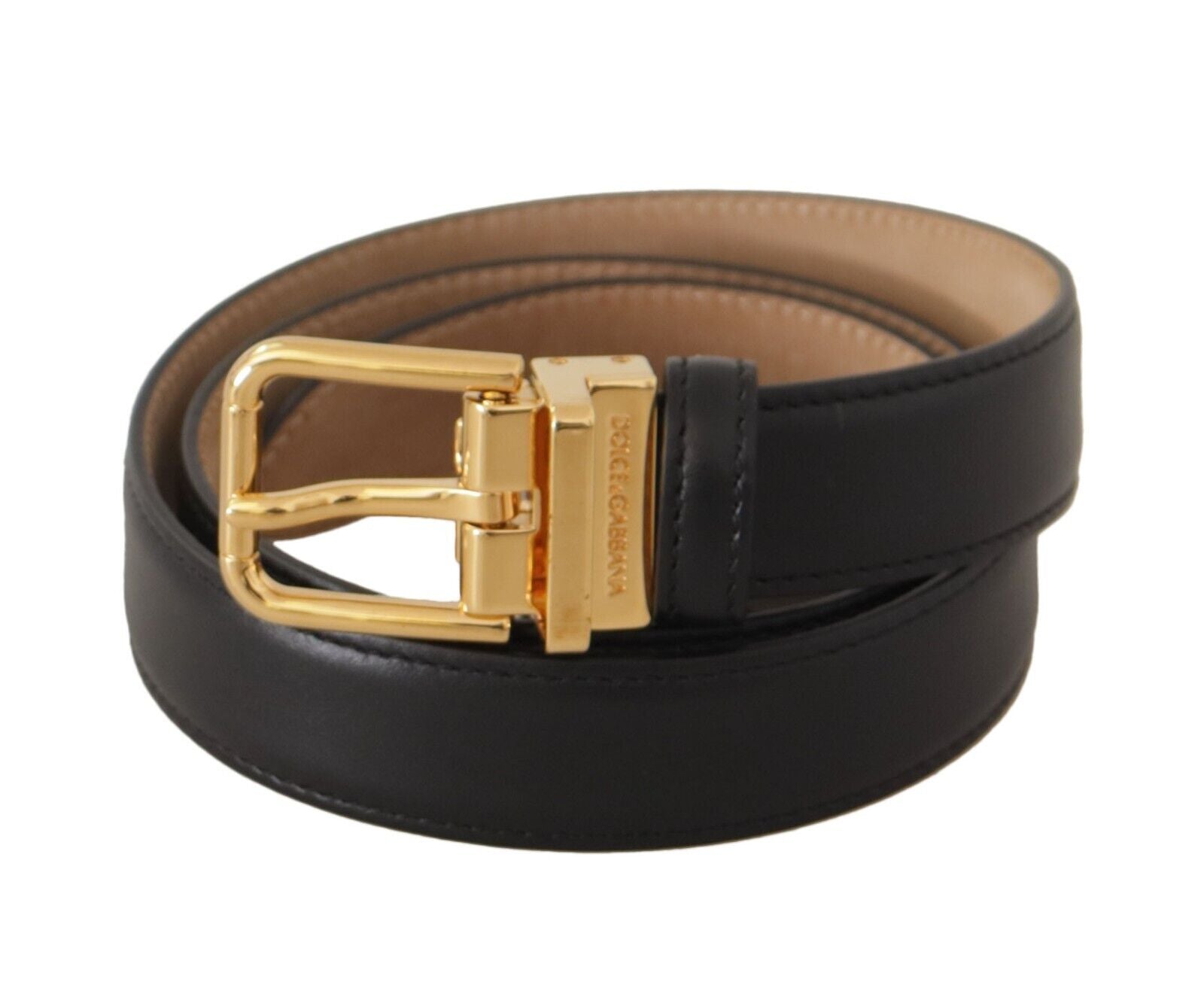 Black Calf Leather Gold Metal Logo Waist Buckle Belt - ventzia