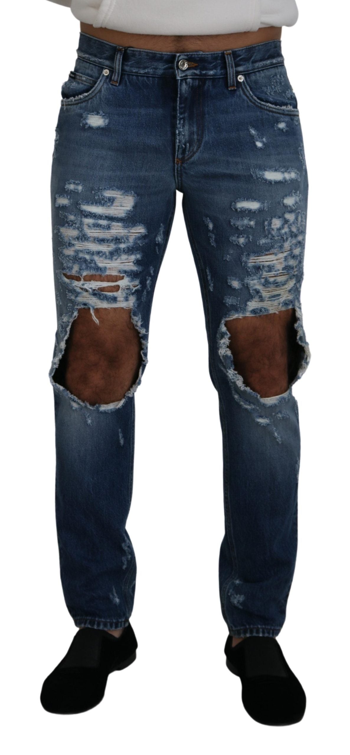 Blue Cotton Tattered Men Denim Jeans - ventzia