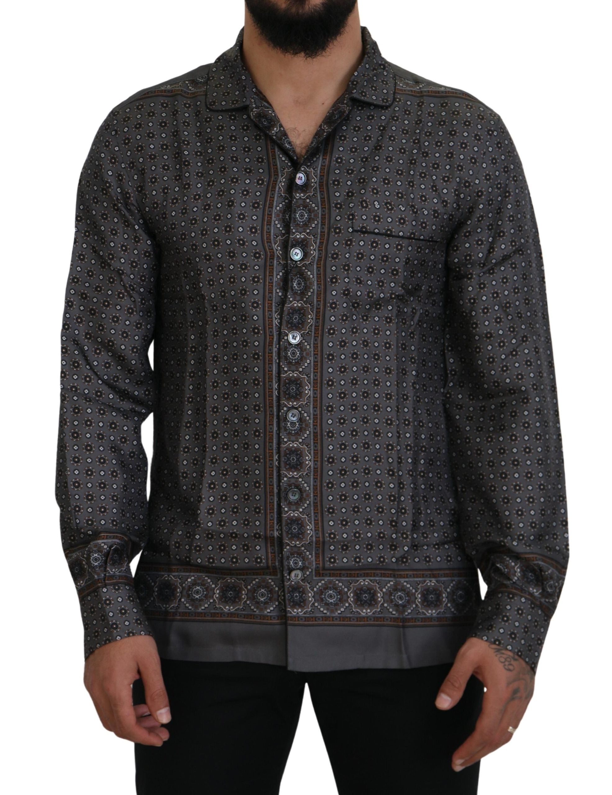 Gray Baroque Silk Satin Casual Shirt - ventzia