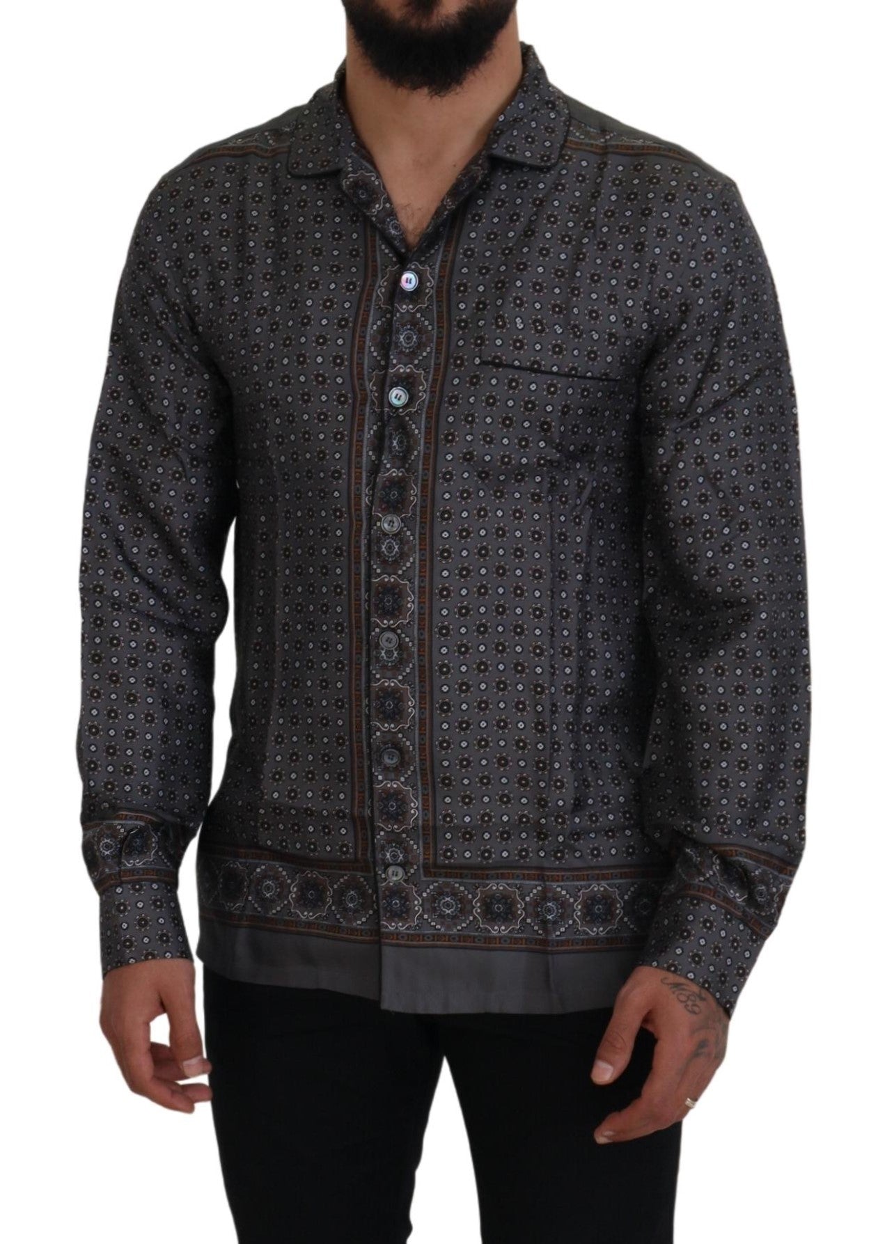 Gray Baroque Silk Satin Casual Shirt - ventzia