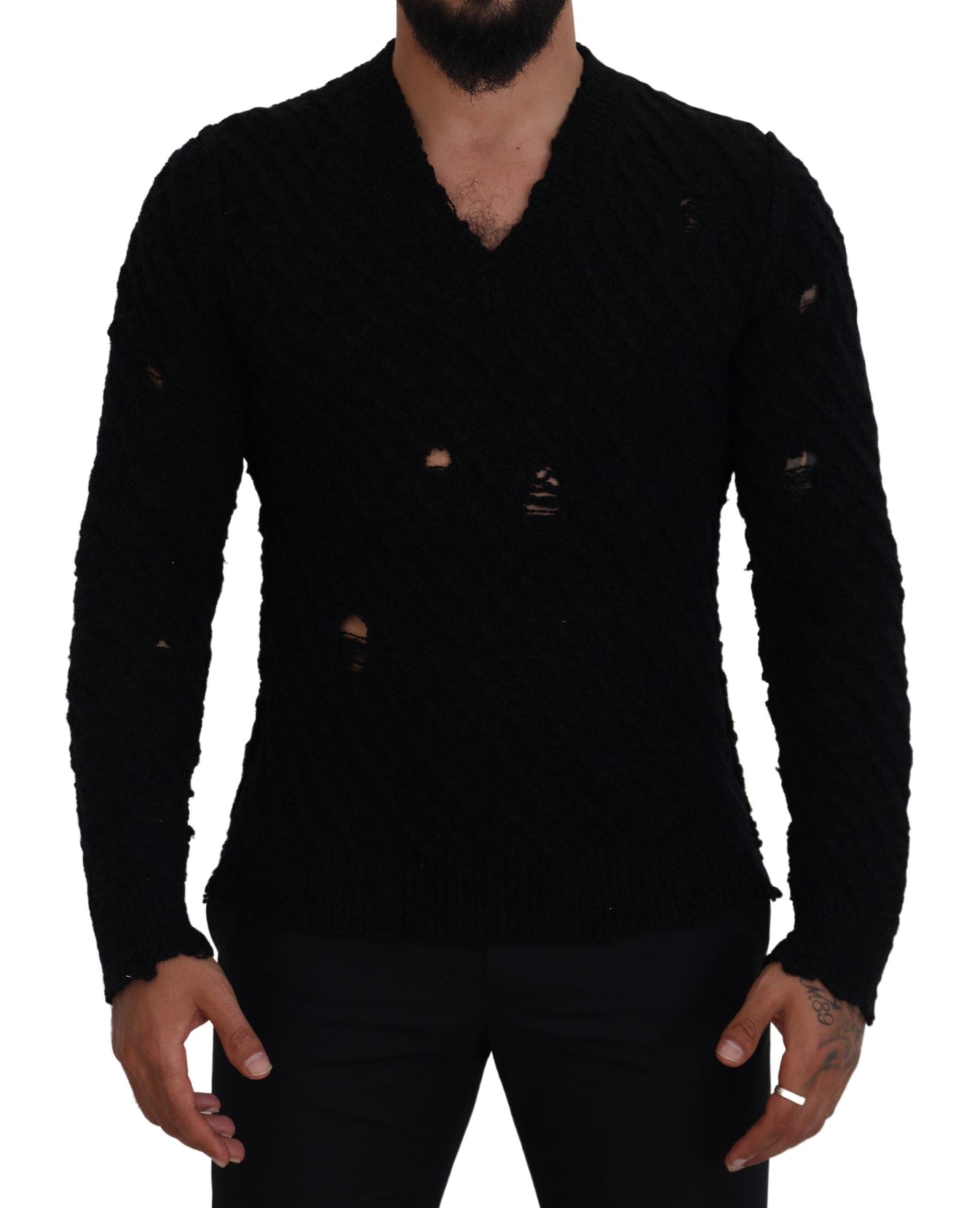 Black Wool V-neck Knitted Pullover Sweater - ventzia