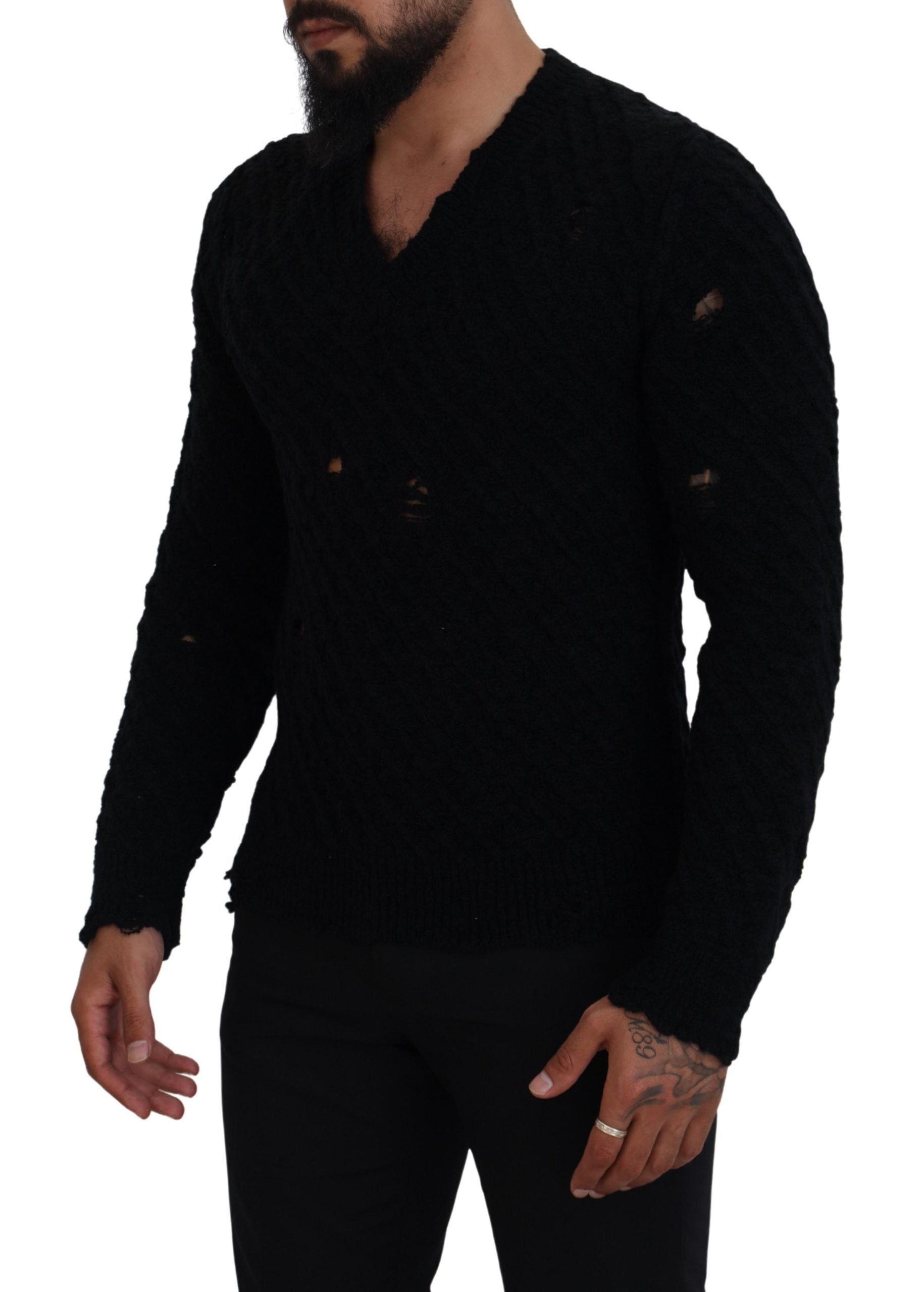 Black Wool V-neck Knitted Pullover Sweater - ventzia