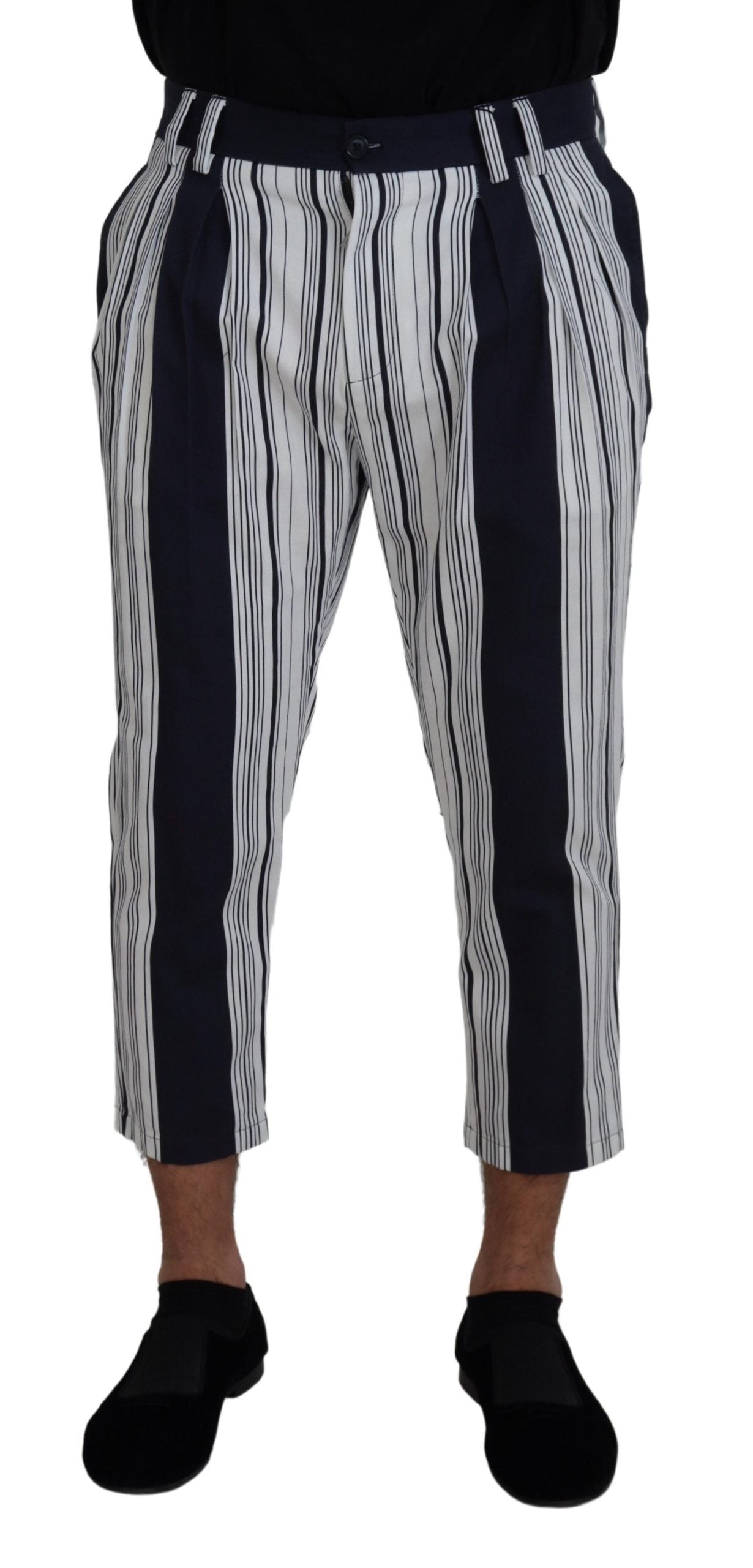 White Cotton Striped Cropped Pants - ventzia