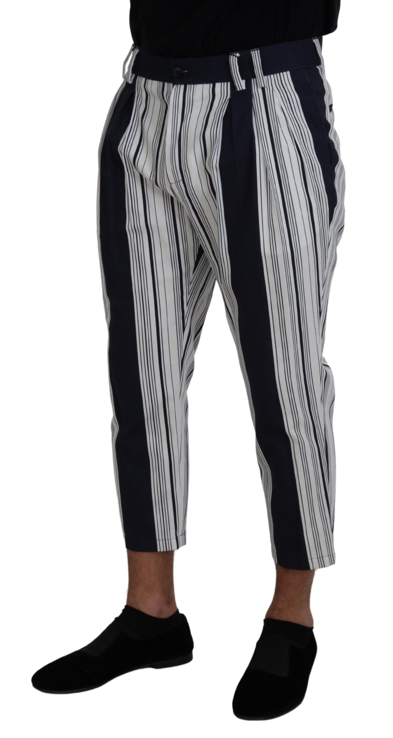 White Cotton Striped Cropped Pants - ventzia