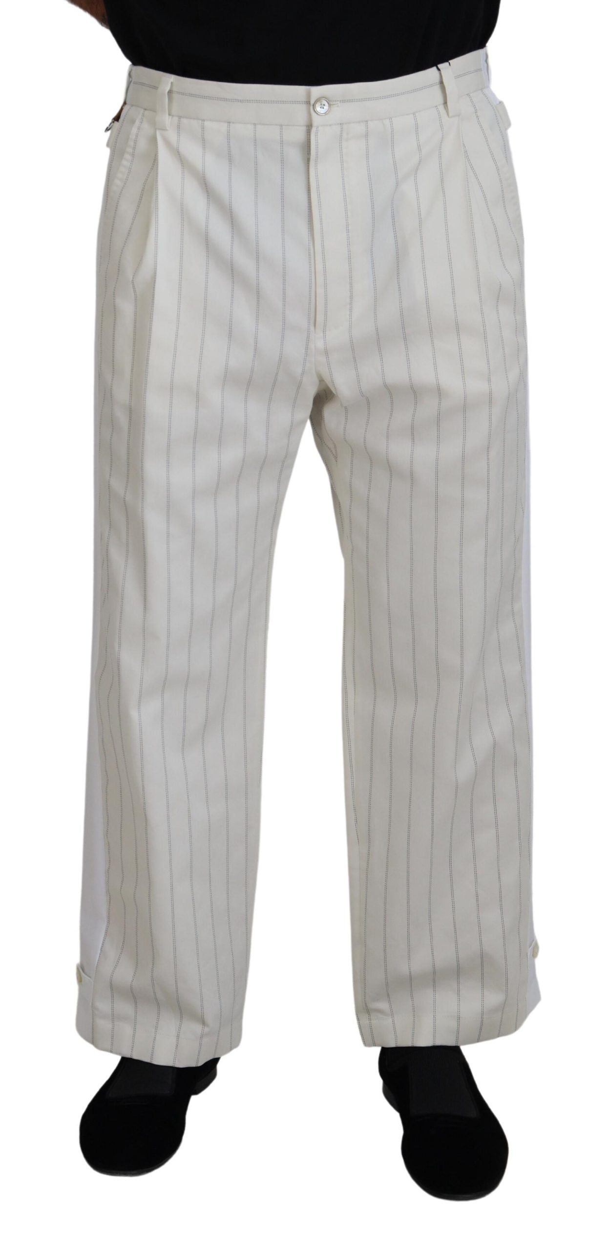 White Cotton Striped Formal Pants - ventzia