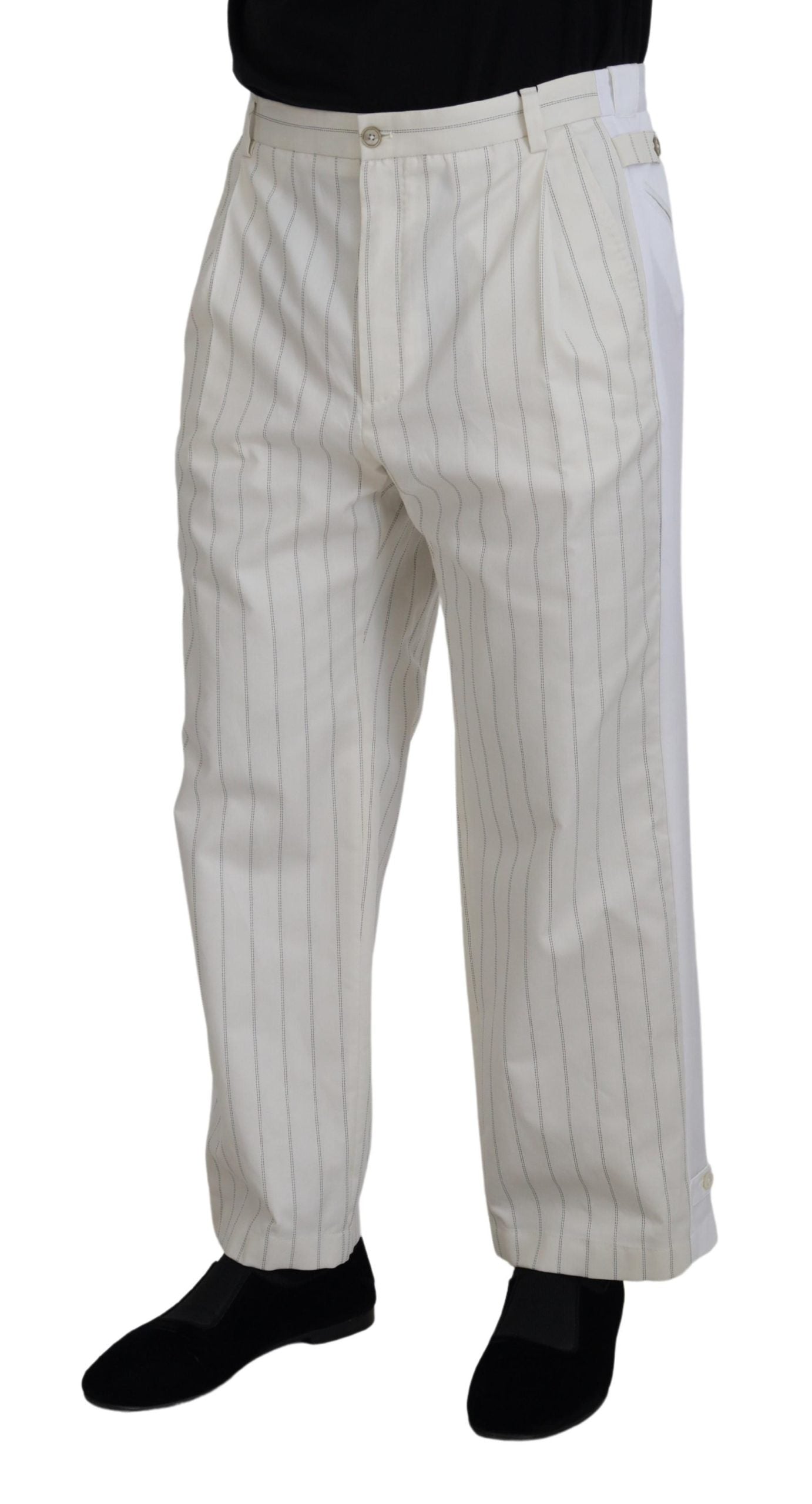White Cotton Striped Formal Pants - ventzia