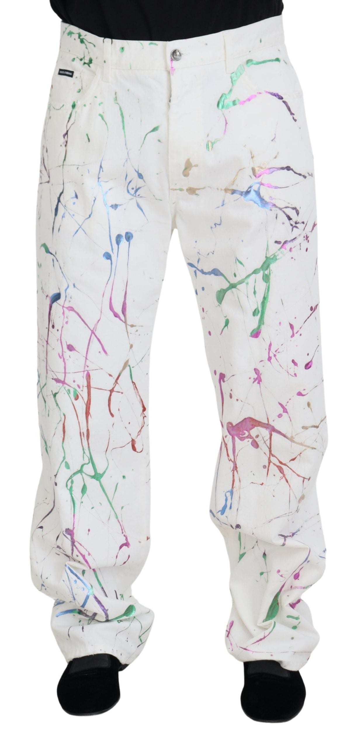 White Cotton Color Splash Print Denim Pants - ventzia