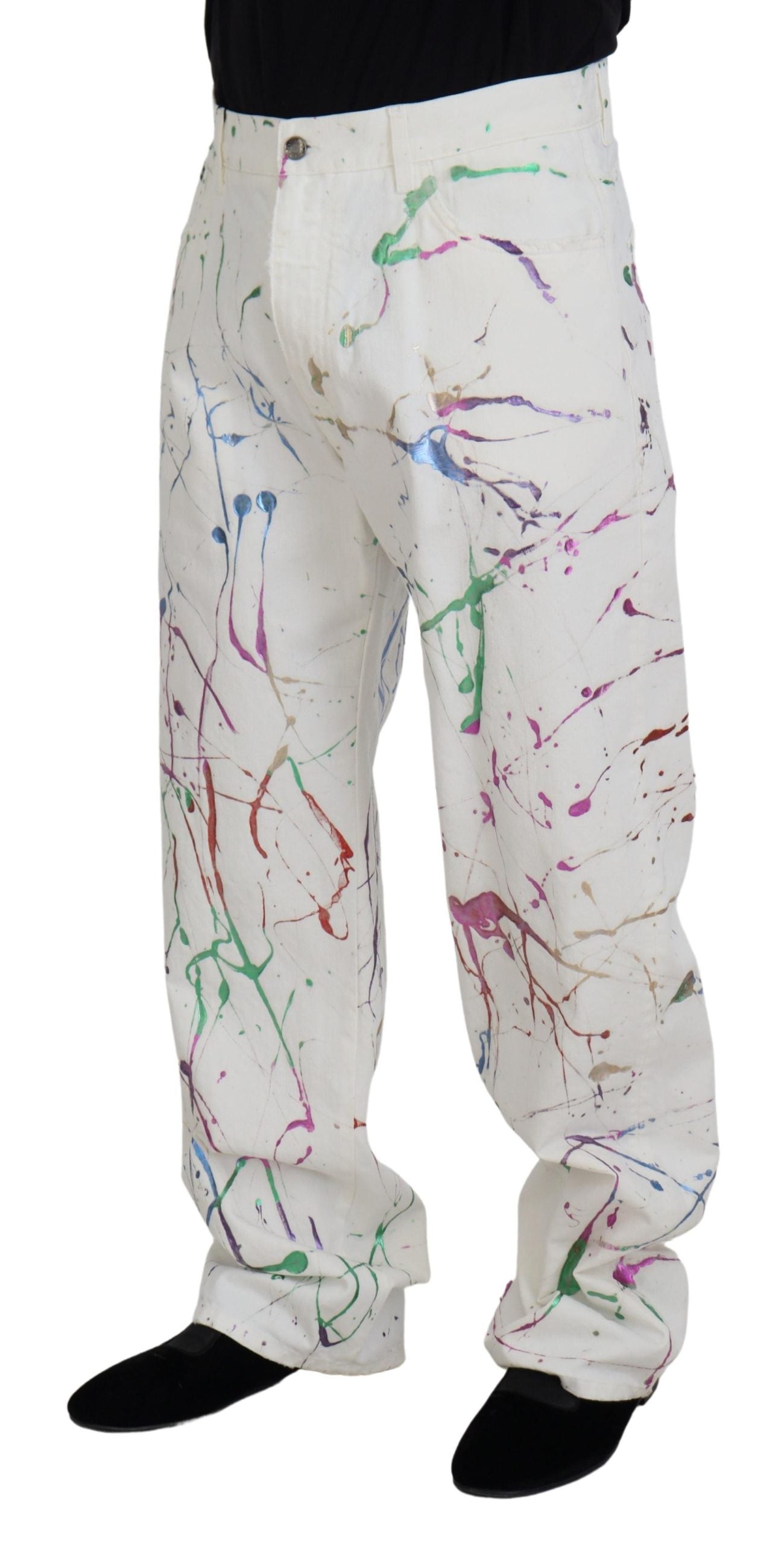 White Cotton Color Splash Print Denim Pants - ventzia
