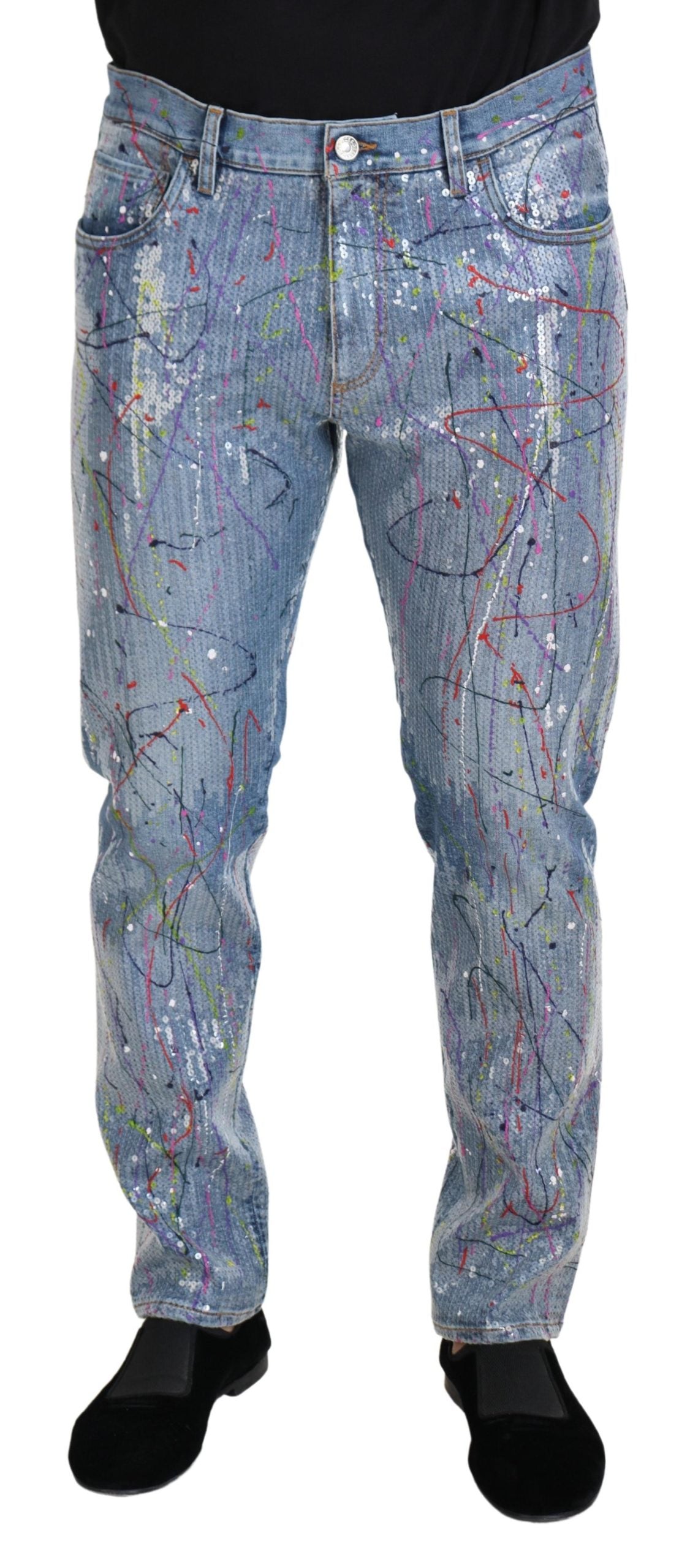 Blue Cotton Color Splash Print Denim Jeans - ventzia