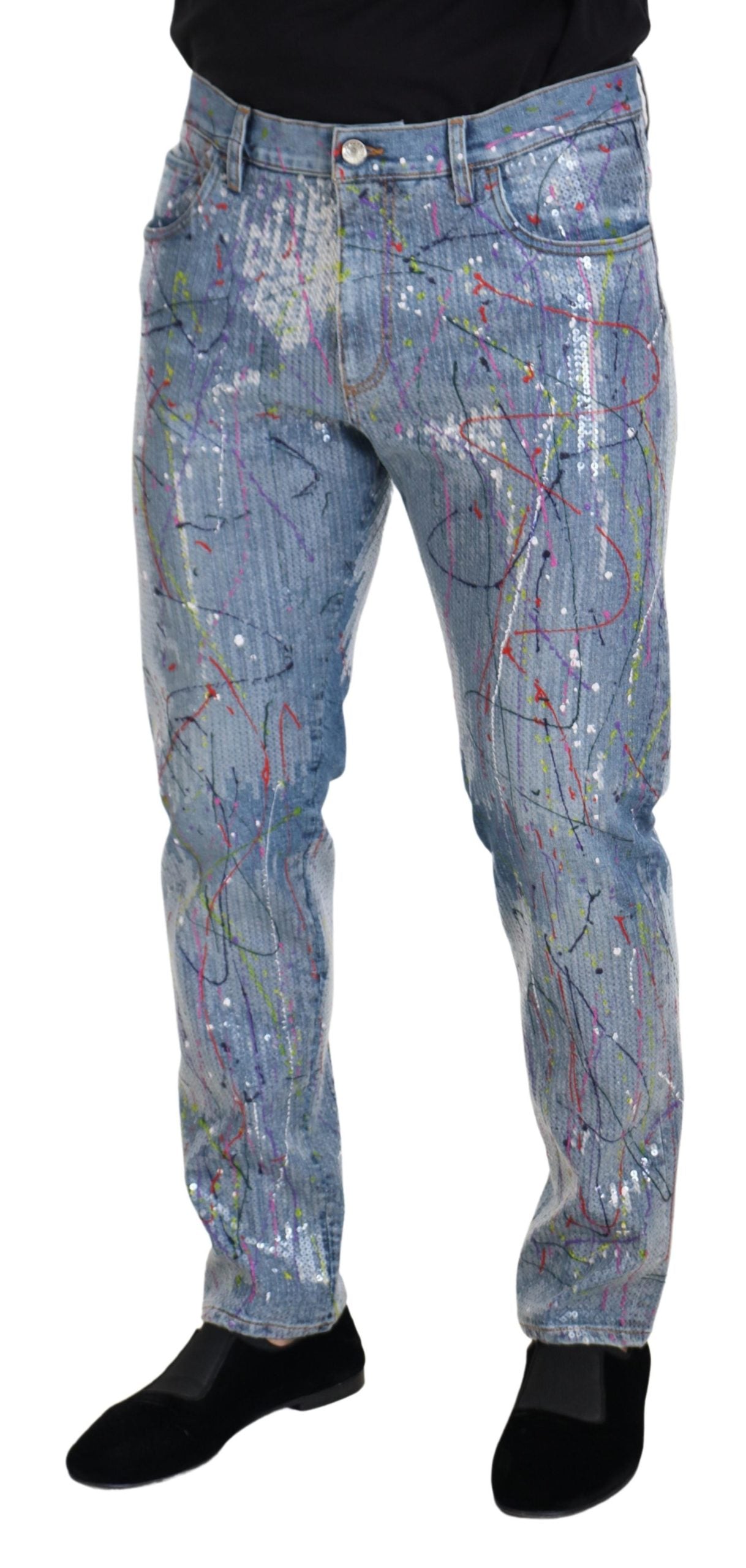 Blue Cotton Color Splash Print Denim Jeans - ventzia