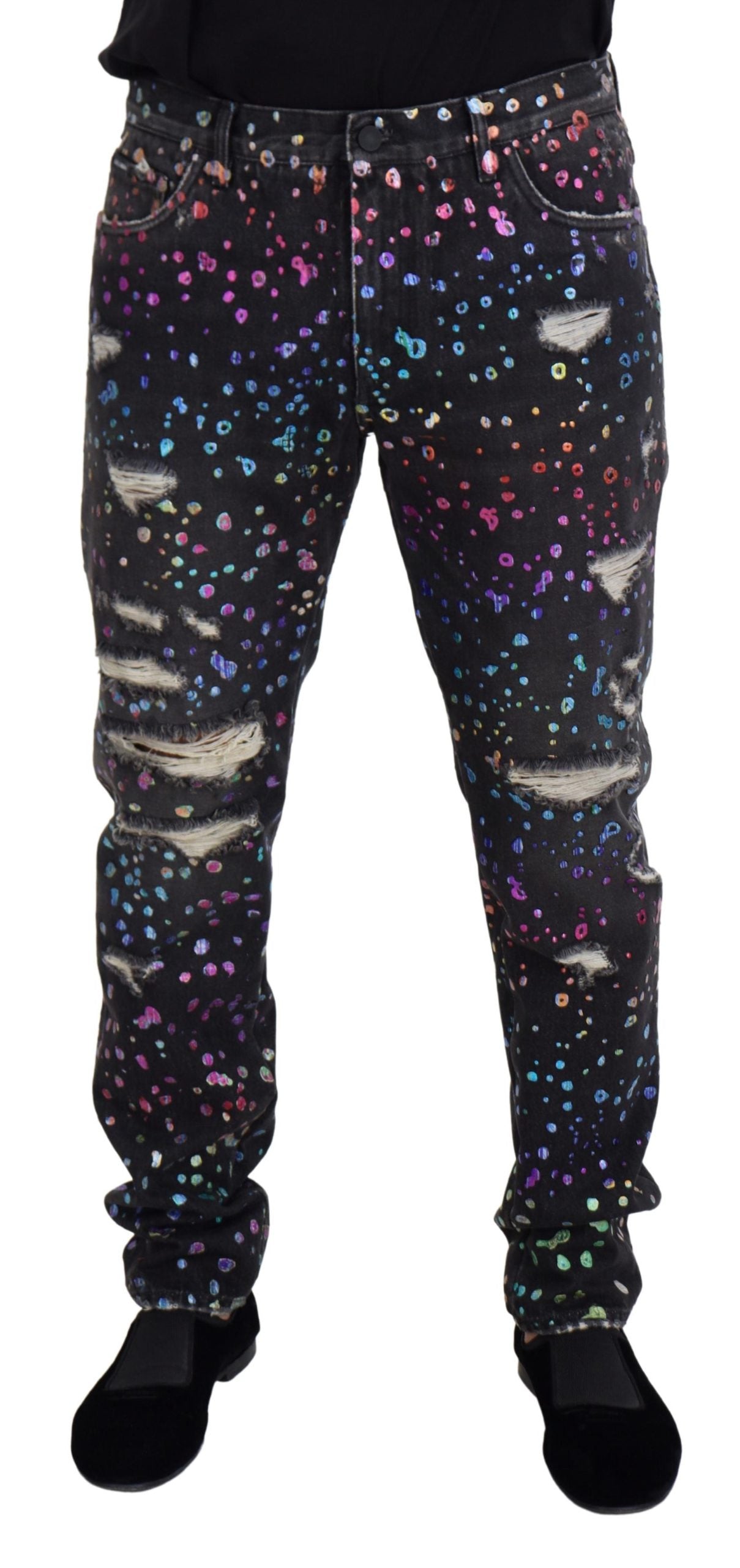 Black Multicolor Print Tattered Denim Jeans - ventzia