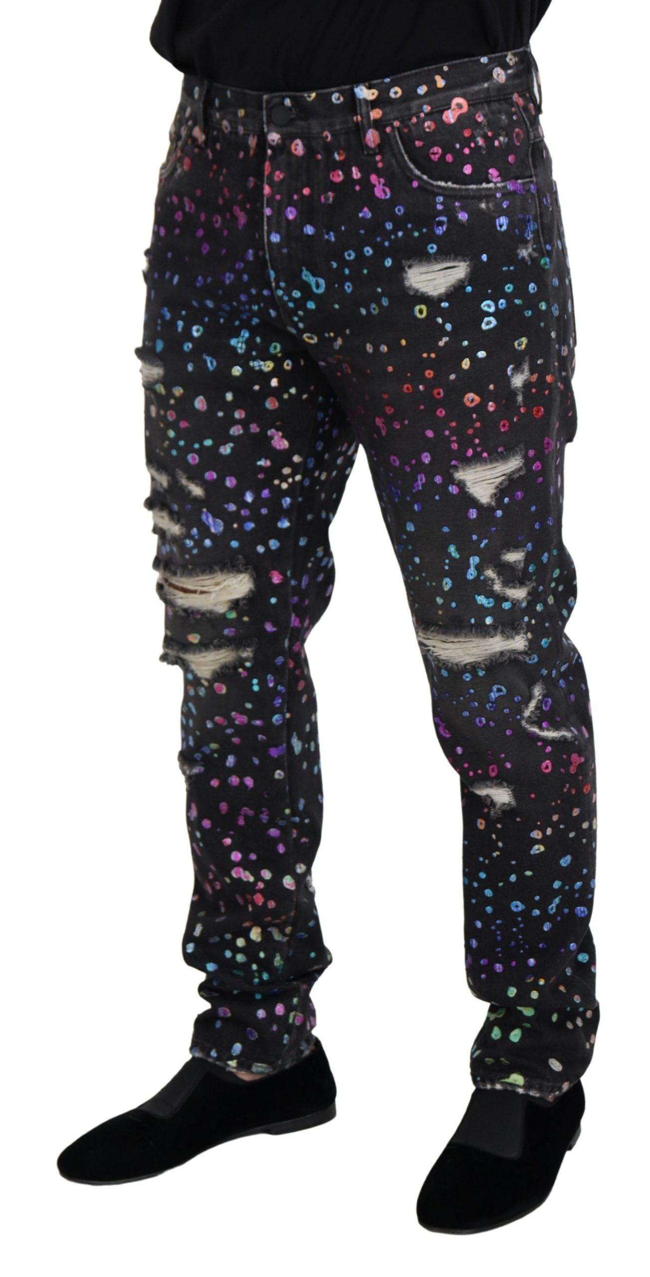 Black Multicolor Print Tattered Denim Jeans - ventzia