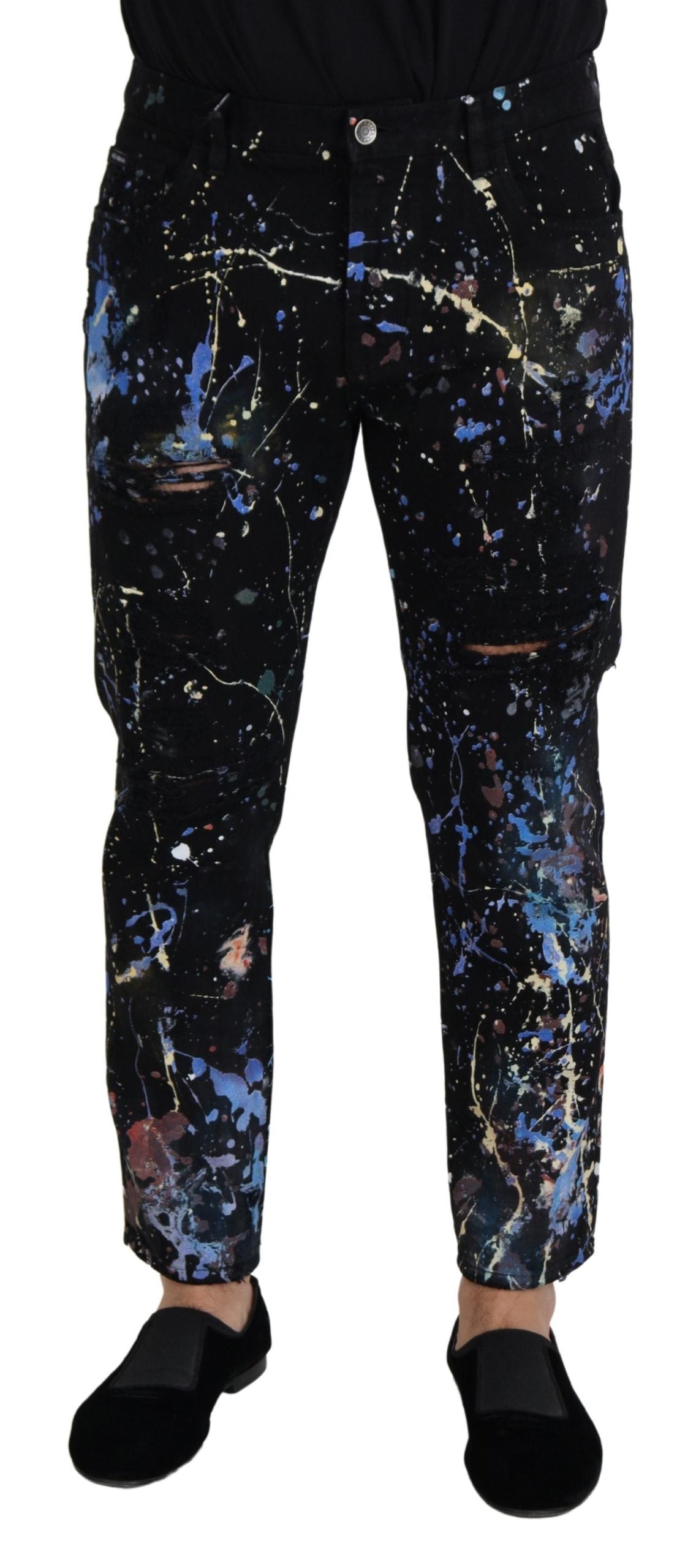 Black Cotton Color Splash Print Denim Jeans - ventzia