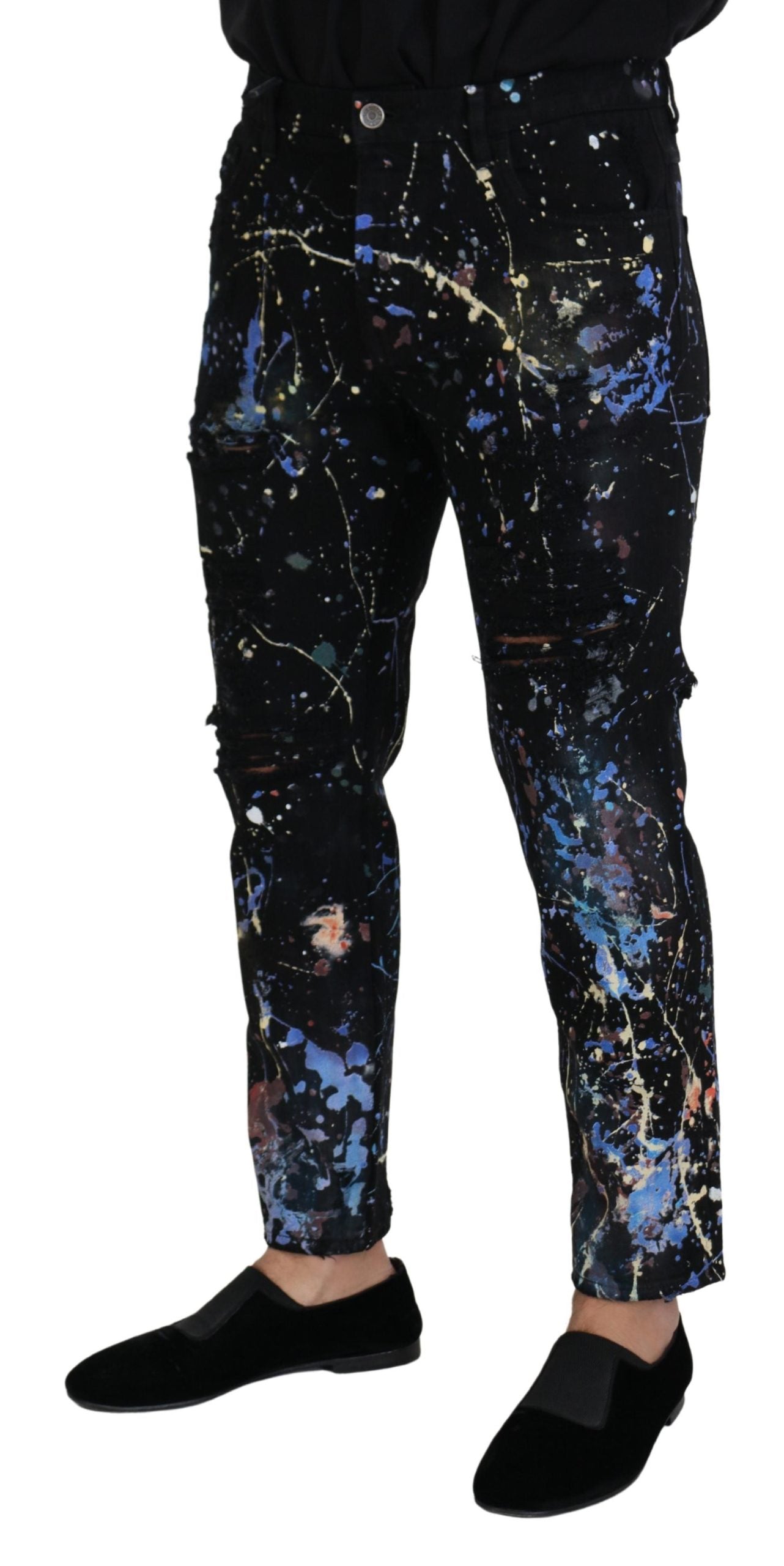 Black Cotton Color Splash Print Denim Jeans - ventzia