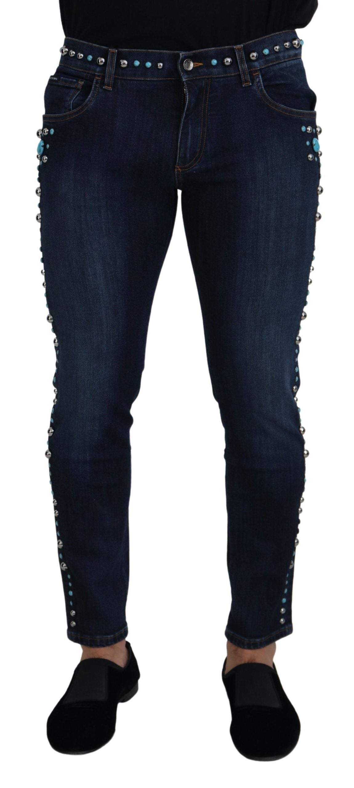 Blue Cotton Studded Low Waist Denim Jeans - ventzia