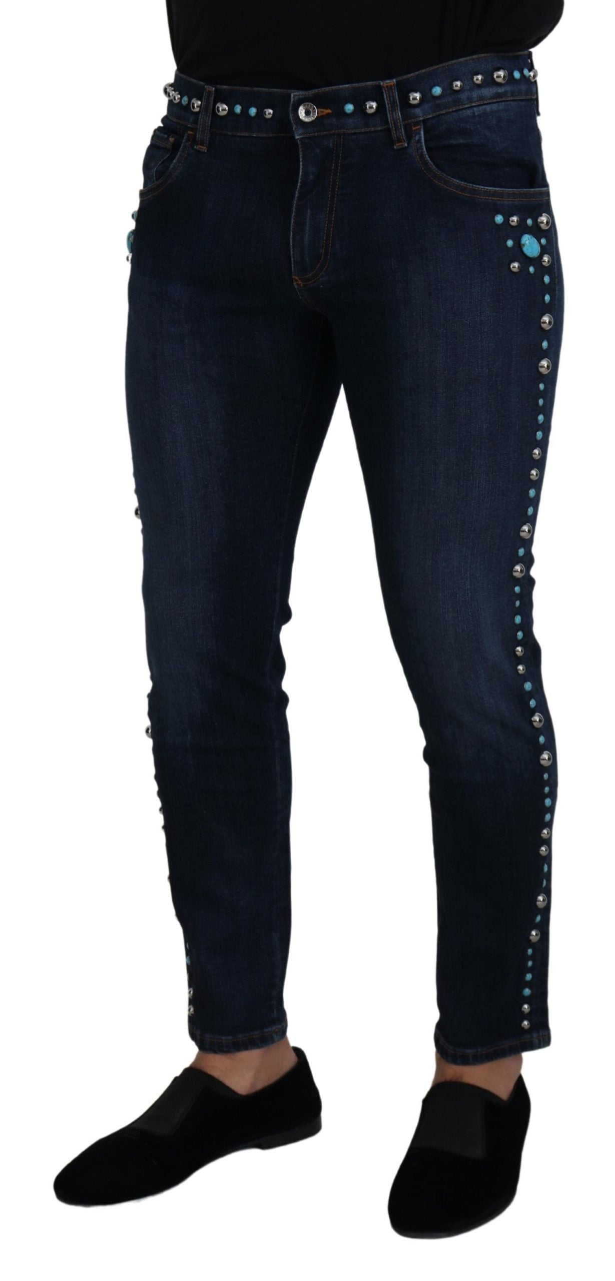 Blue Cotton Studded Low Waist Denim Jeans - ventzia