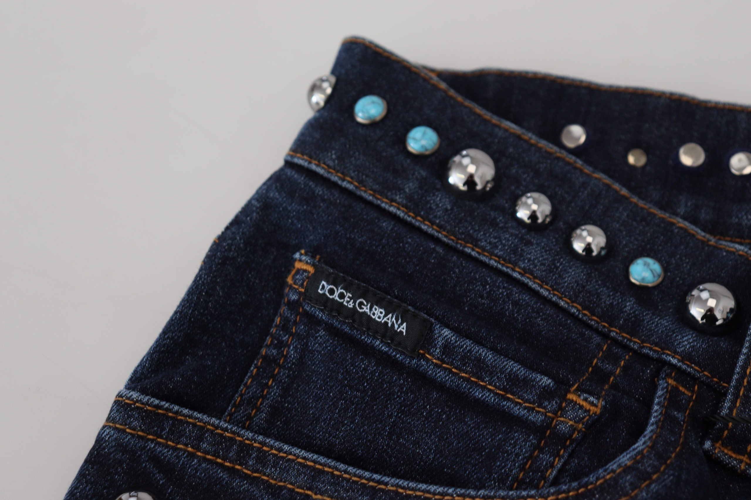 Blue Cotton Studded Low Waist Denim Jeans - ventzia