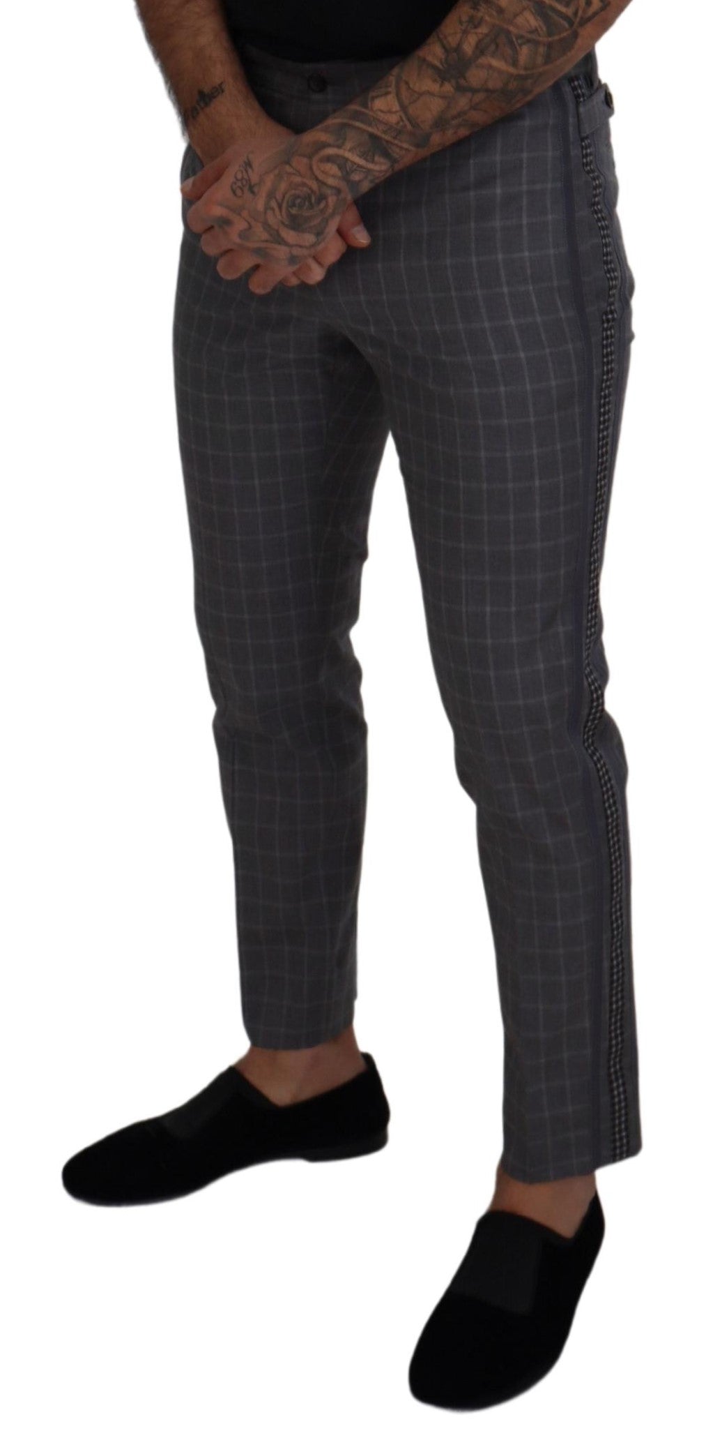 Grey Cotton Checkered Chino Pants - ventzia