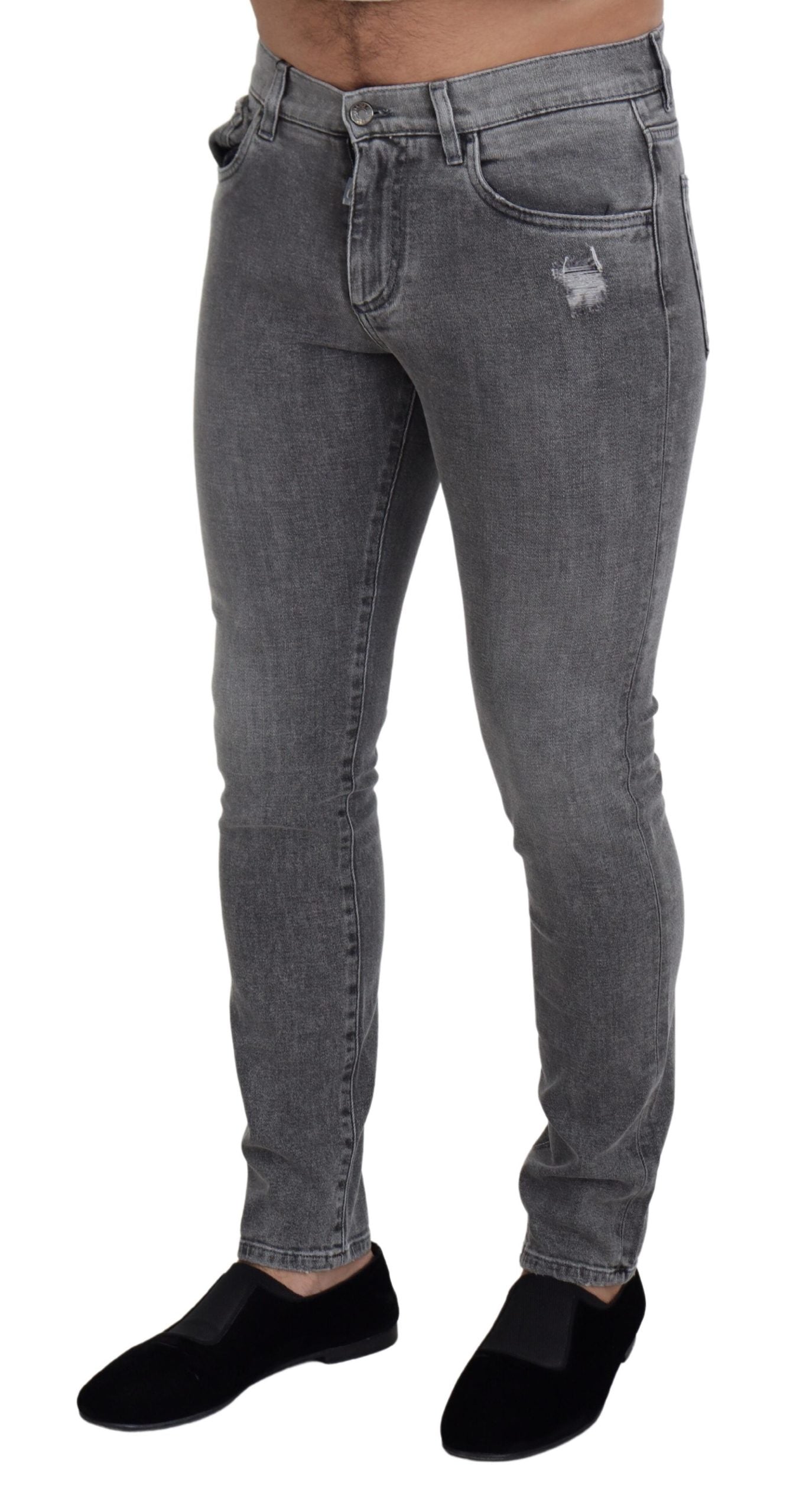 Grey Washed Cotton Skinny Denim Jeans - ventzia