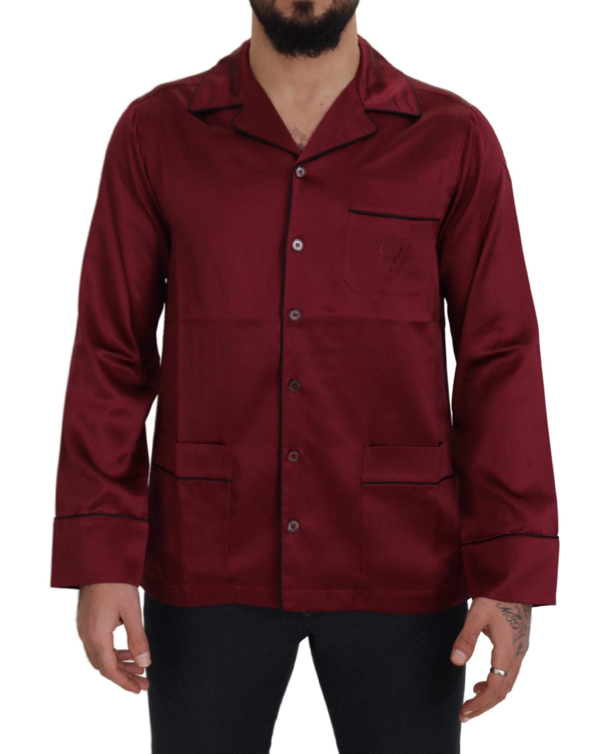 Red Silk Lounge Top Pajama Sleepwear Shirt - ventzia