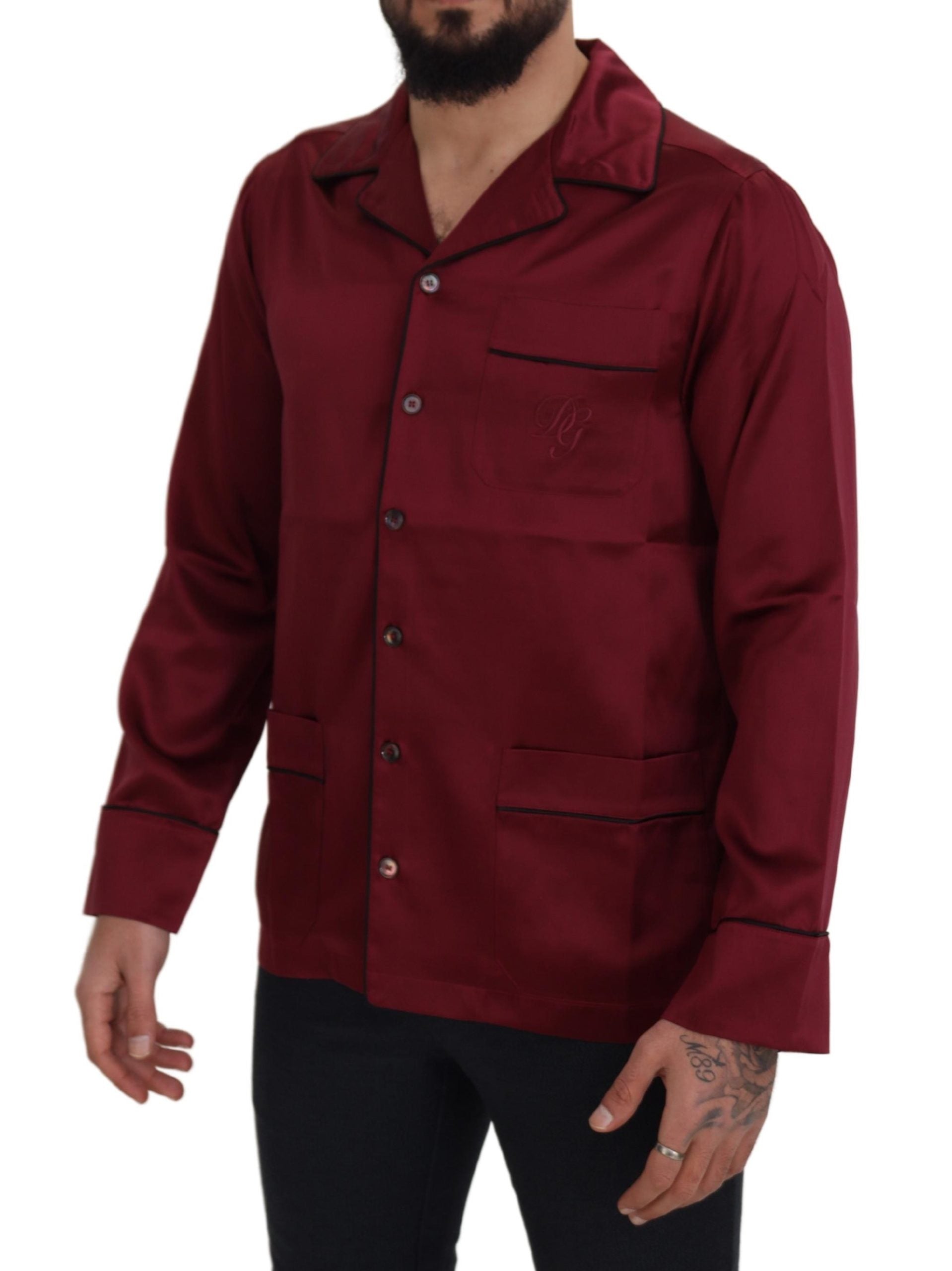 Red Silk Lounge Top Pajama Sleepwear Shirt - ventzia
