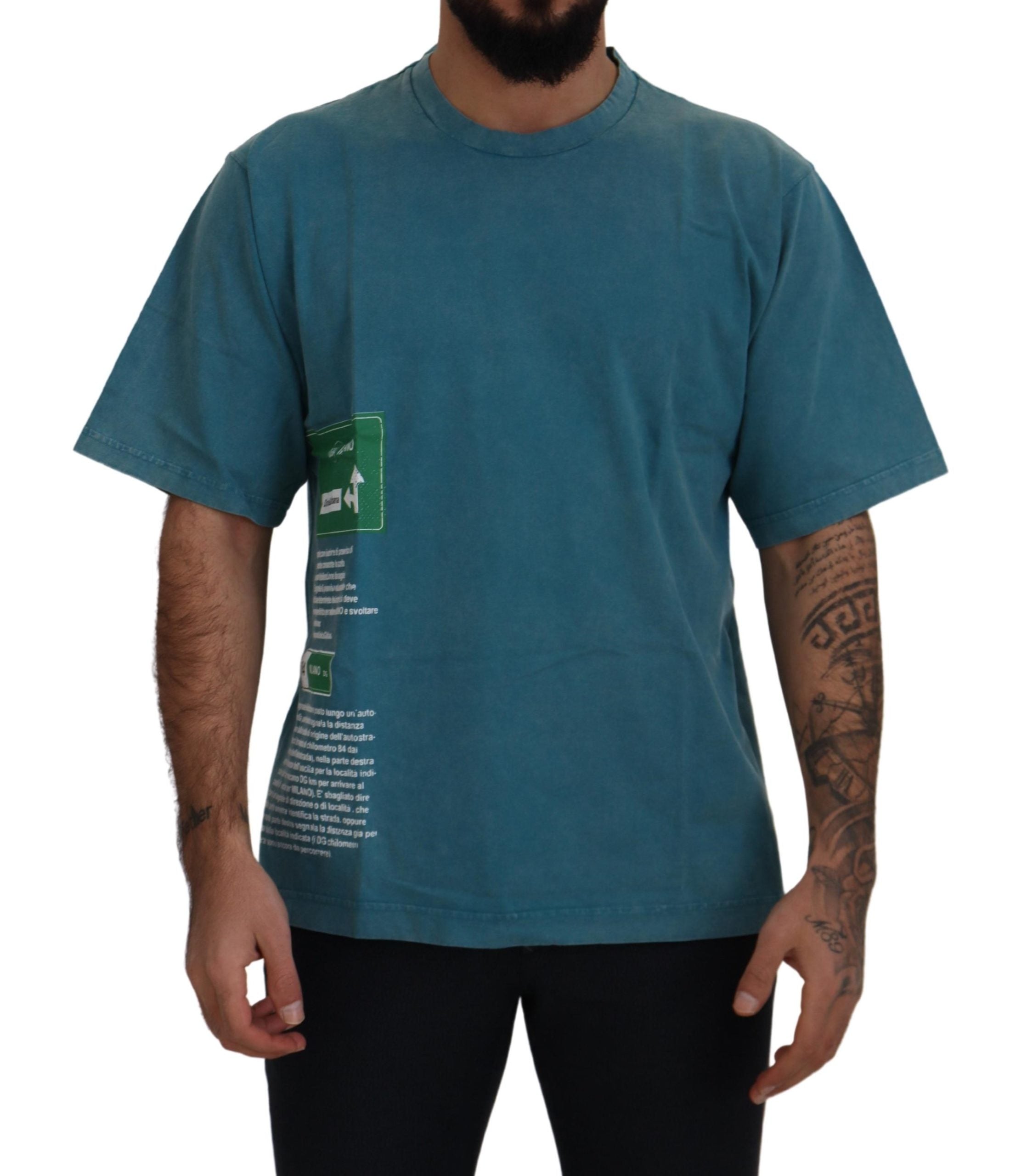 Blue Logo Print Crewneck Cotton T-shirt - ventzia