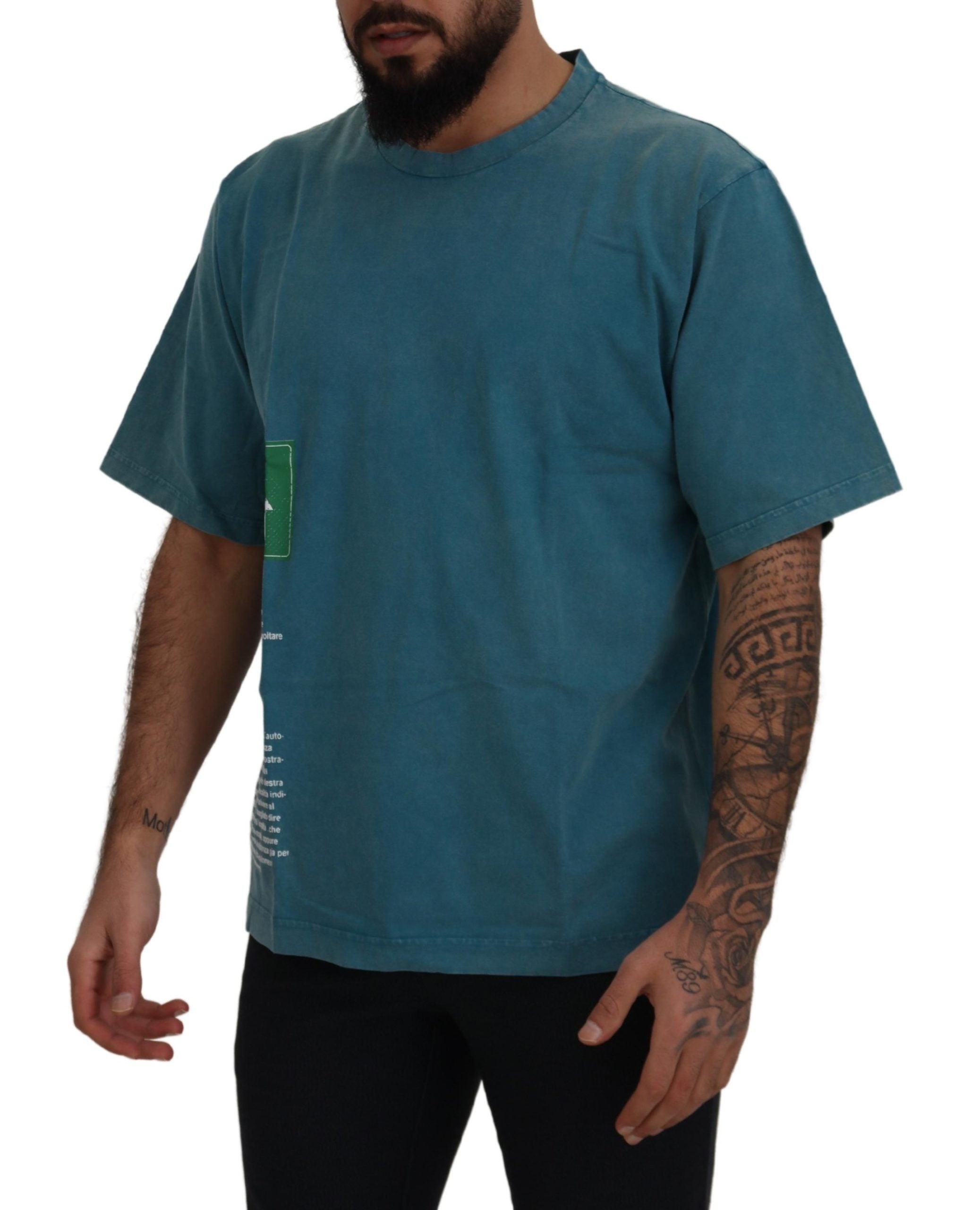 Blue Logo Print Crewneck Cotton T-shirt - ventzia