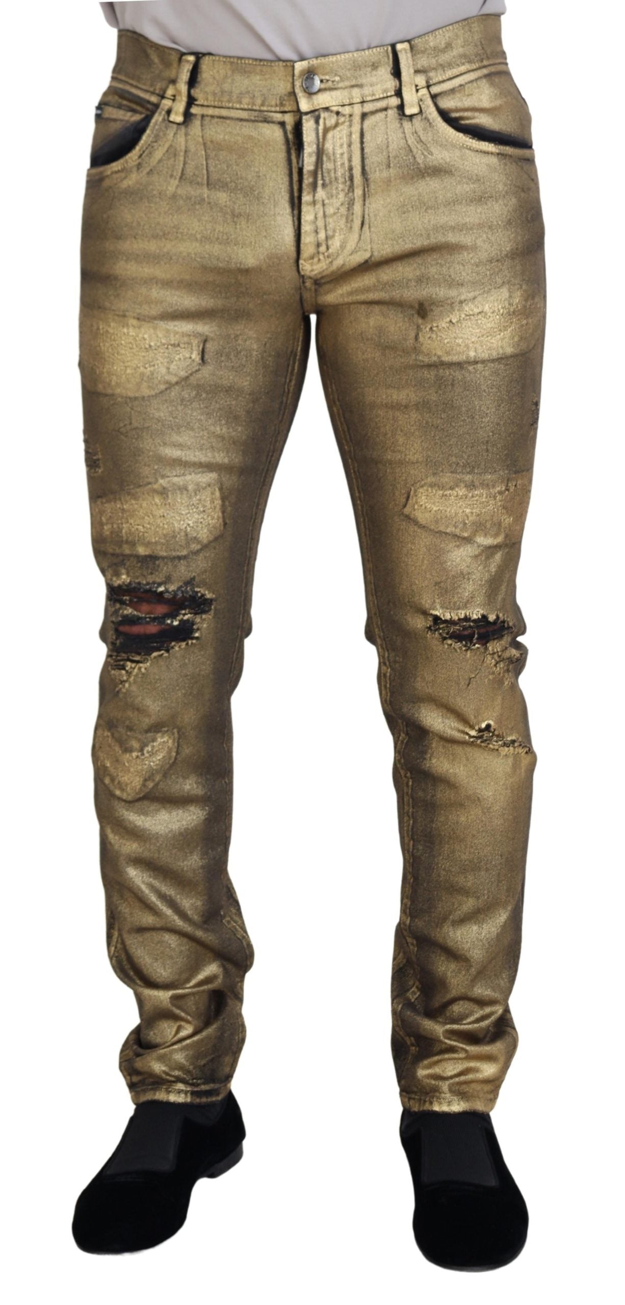 Gold Cotton Tattered Skinny Men Denim Jeans - ventzia