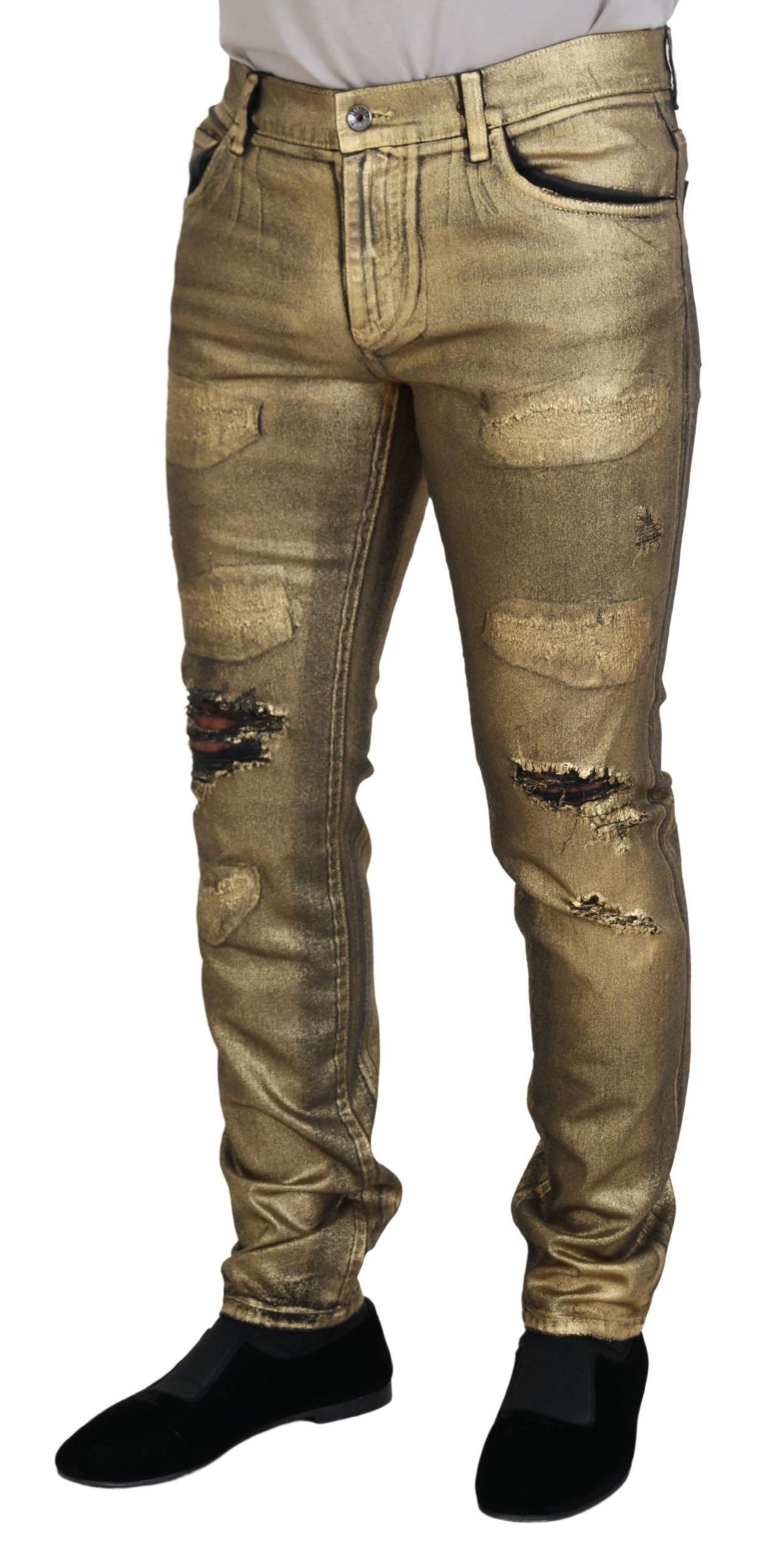 Gold Cotton Tattered Skinny Men Denim Jeans - ventzia