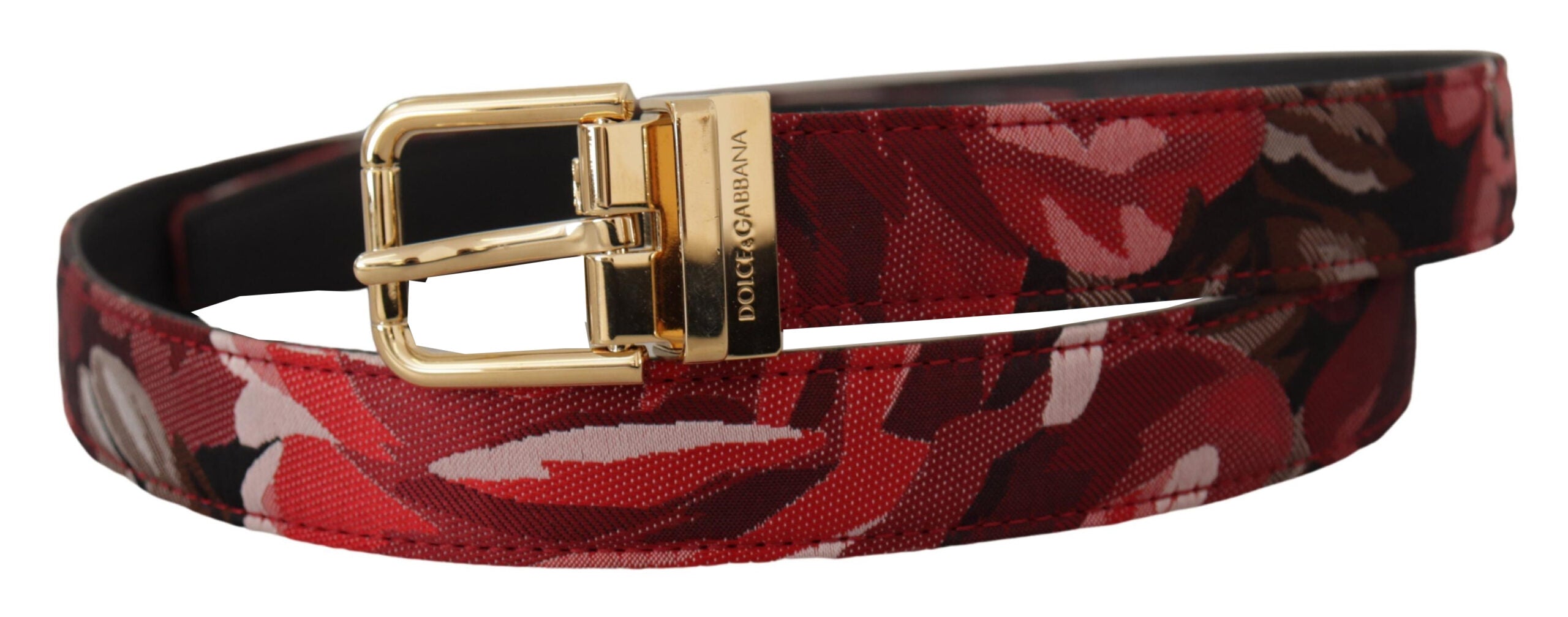 Red Jacquard Rose Leather Gold Metal Buckle Belt - ventzia