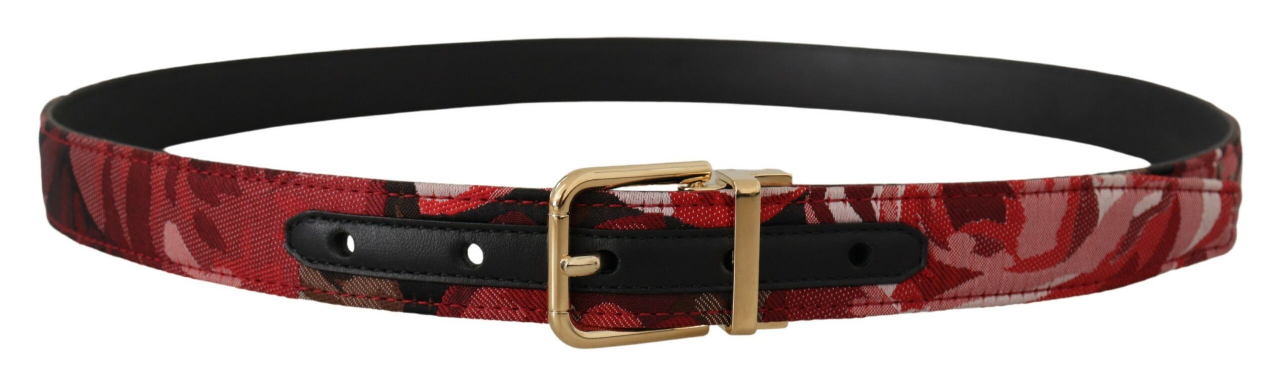 Red Jacquard Rose Leather Gold Metal Buckle Belt - ventzia