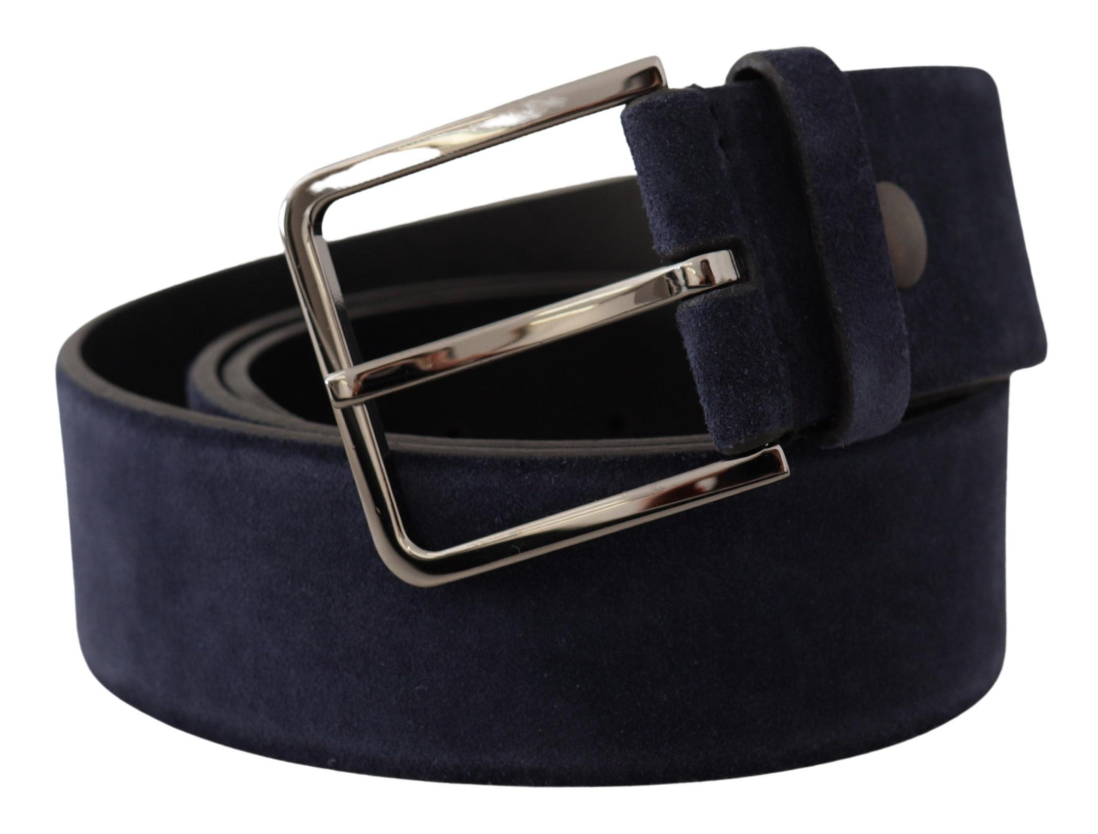 Navy Blue Velvet Leather Silver Logo Buckle Belt - ventzia