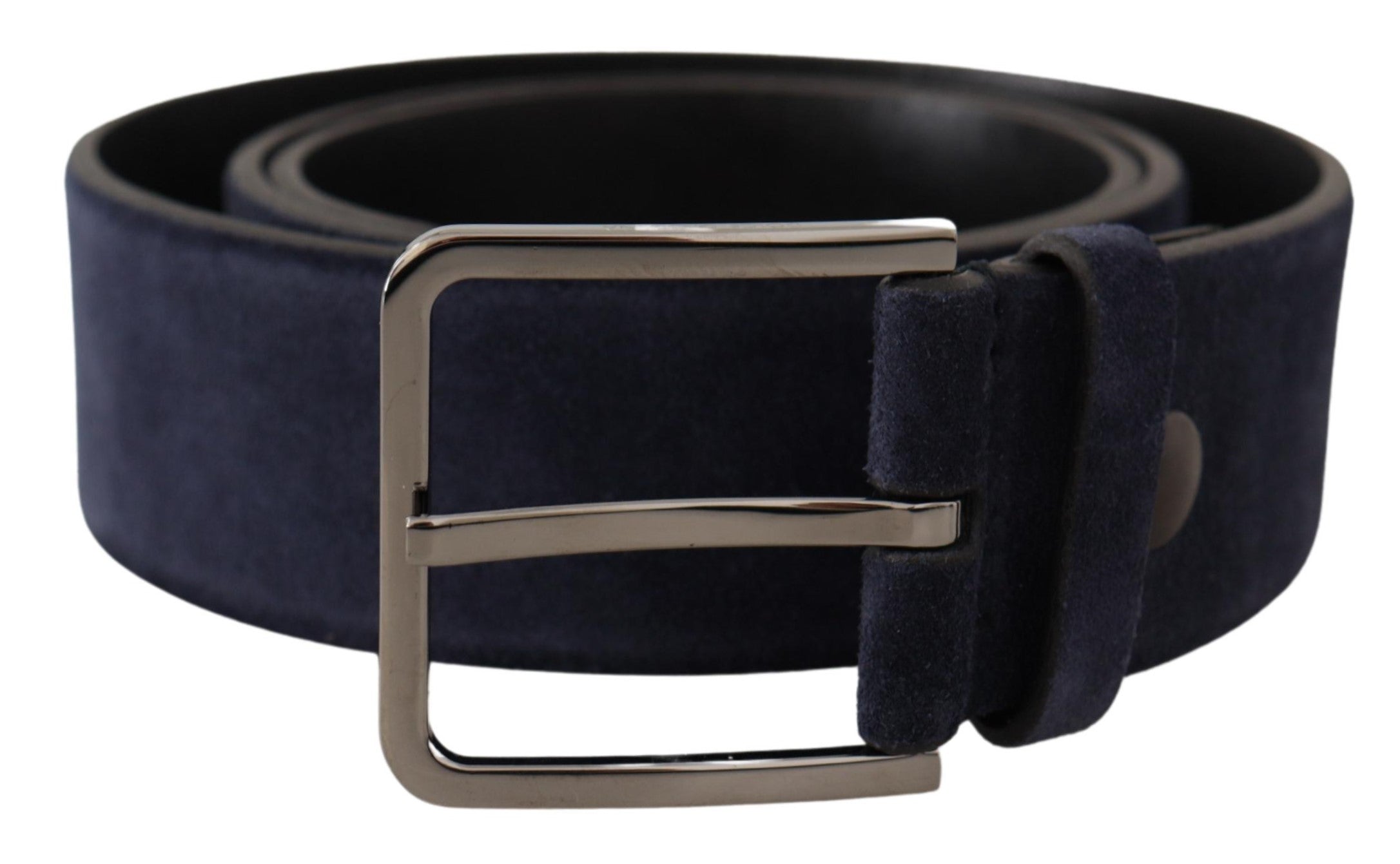 Navy Blue Velvet Leather Silver Logo Buckle Belt - ventzia