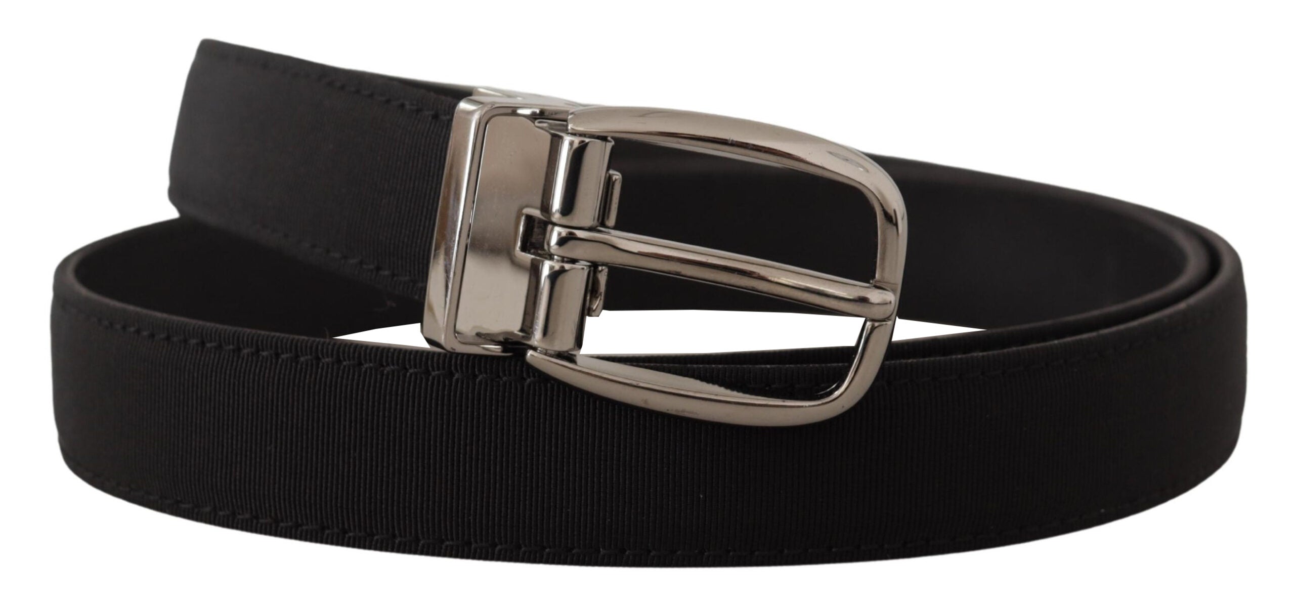 Black Grosgrain Leather Silver Logo Buckle Belt - ventzia