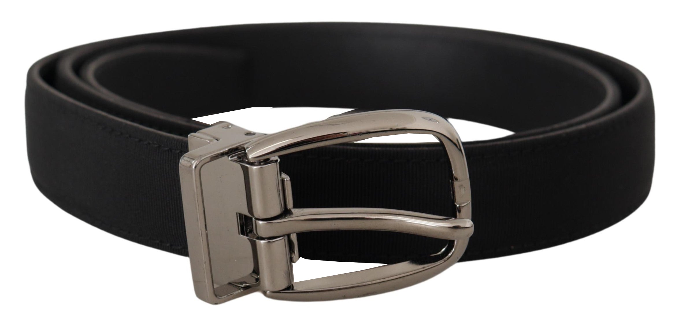 Black Grosgrain Leather Silver Logo Buckle Belt - ventzia