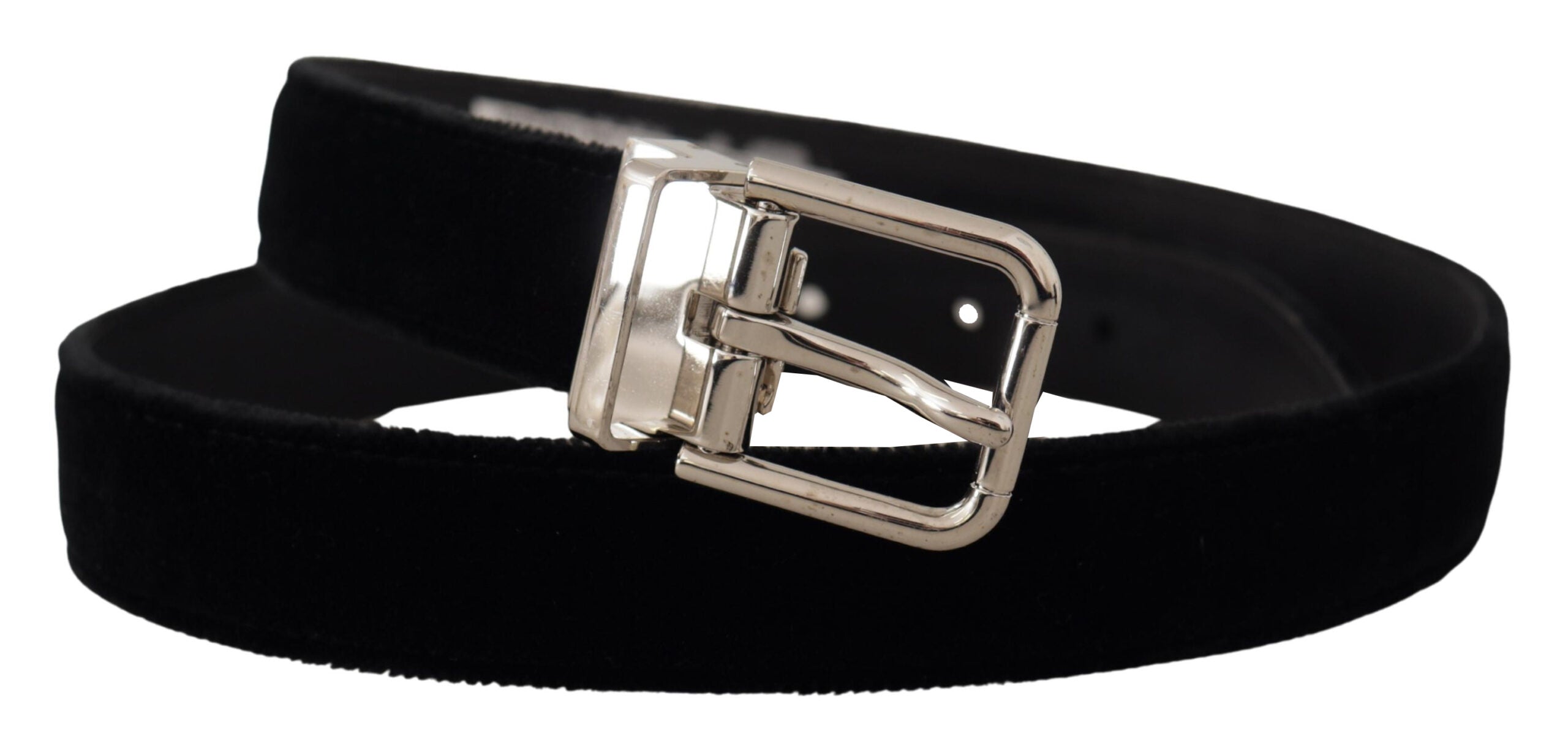 Black Velvet Silver Tone Metal Logo Buckle Belt - ventzia