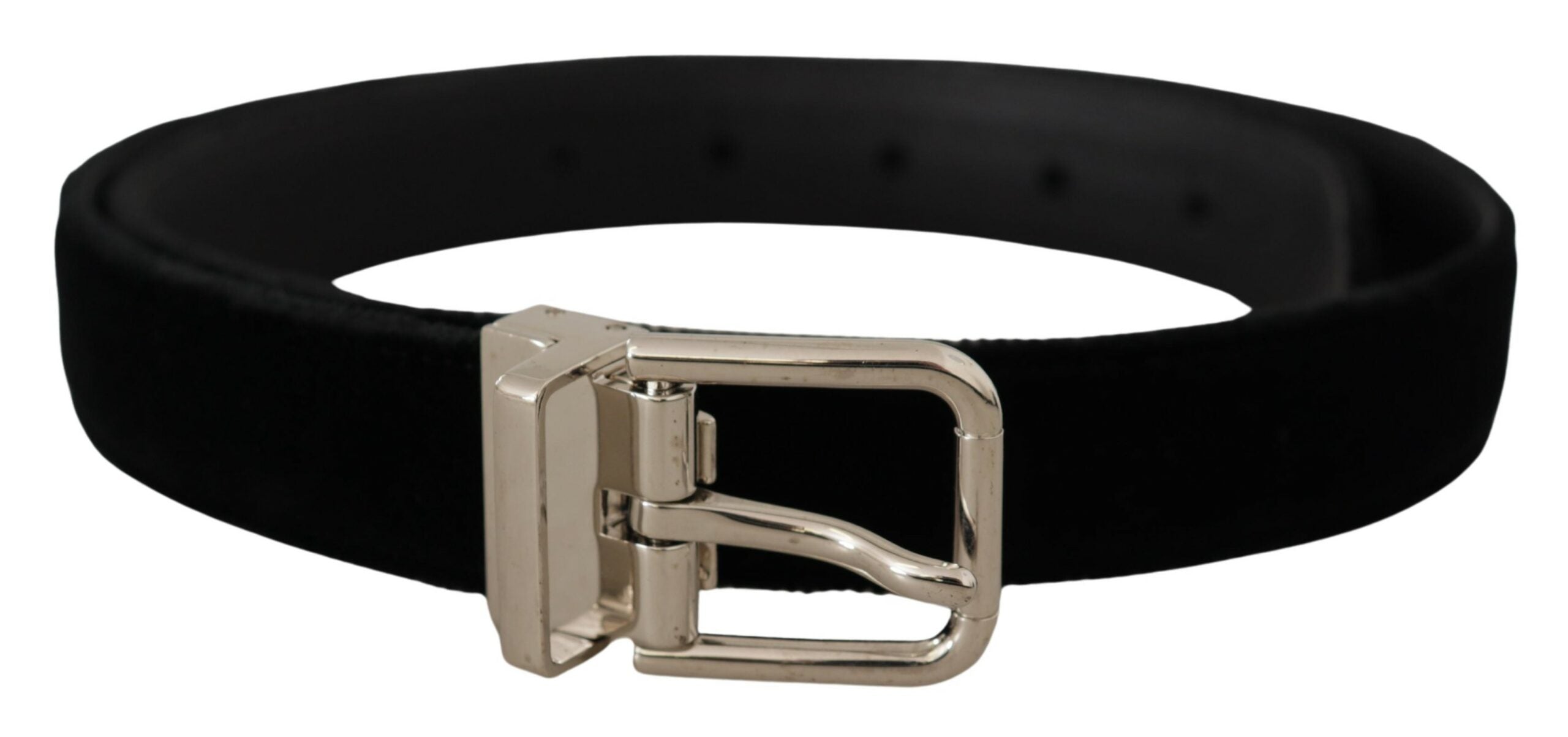 Black Velvet Silver Tone Metal Logo Buckle Belt - ventzia